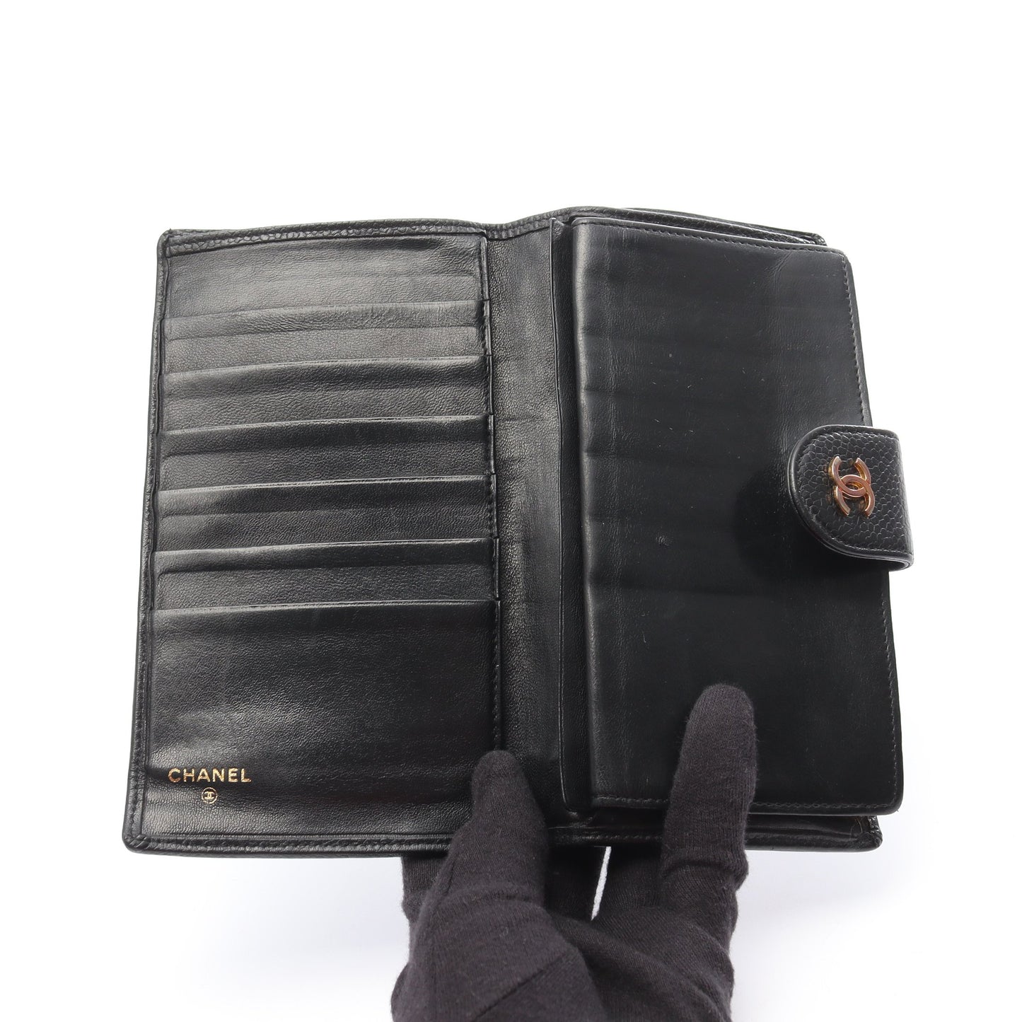 ビコローレ 二つ折り長財布 キャビアスキン ブラック ゴールド金具 がま口 シャネル 財布・小物 CHANEL