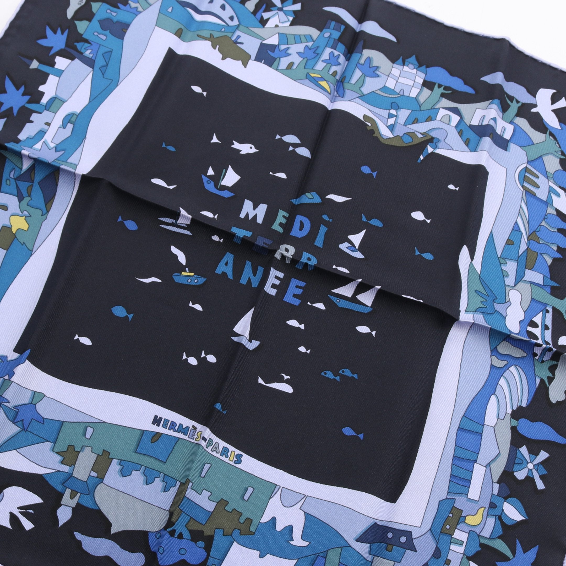 プチカレ カレ45 MEDITERRANEE スカーフ シルク ネイビー ブルー