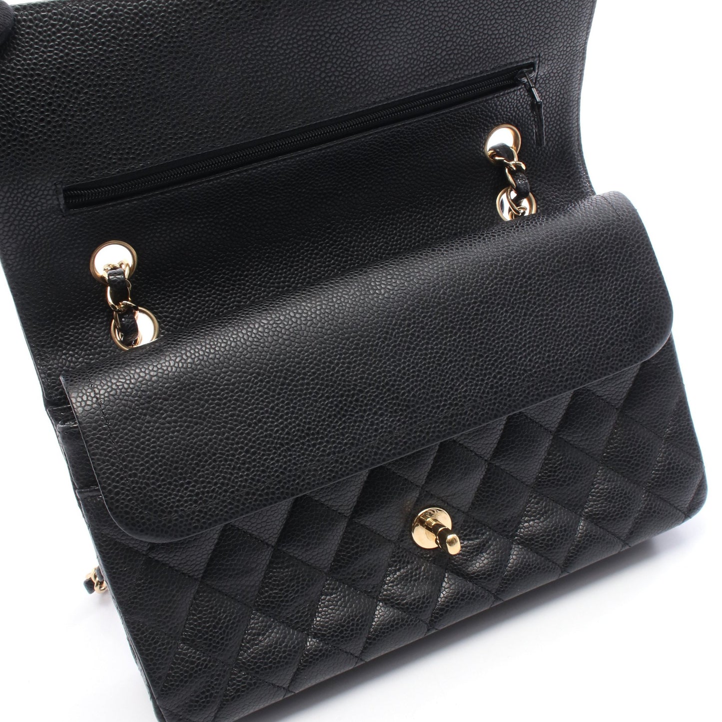 マトラッセ Wフラップ Wチェーンショルダーバッグ キャビアスキン ブラック ゴールド金具 シャネル