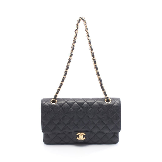 マトラッセ Wフラップ Wチェーンショルダーバッグ キャビアスキン ブラック ゴールド金具 シャネル