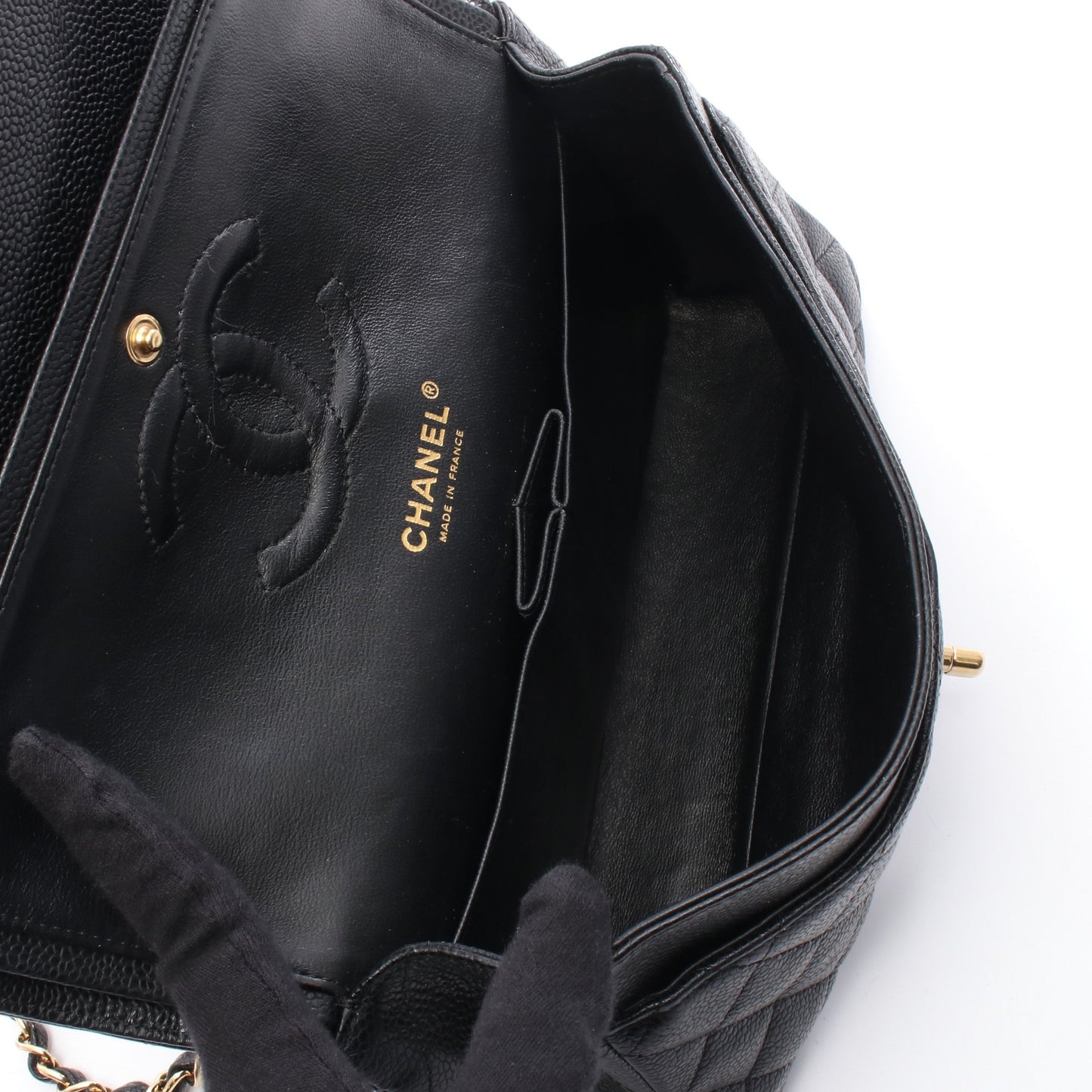 マトラッセ Wフラップ Wチェーンショルダーバッグ キャビアスキン ブラック ゴールド金具 シャネル