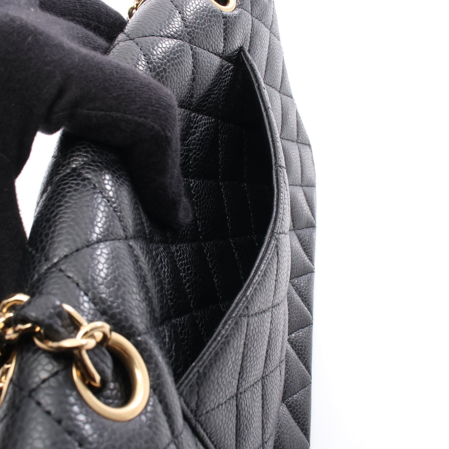 マトラッセ Wフラップ Wチェーンショルダーバッグ キャビアスキン ブラック ゴールド金具 シャネル