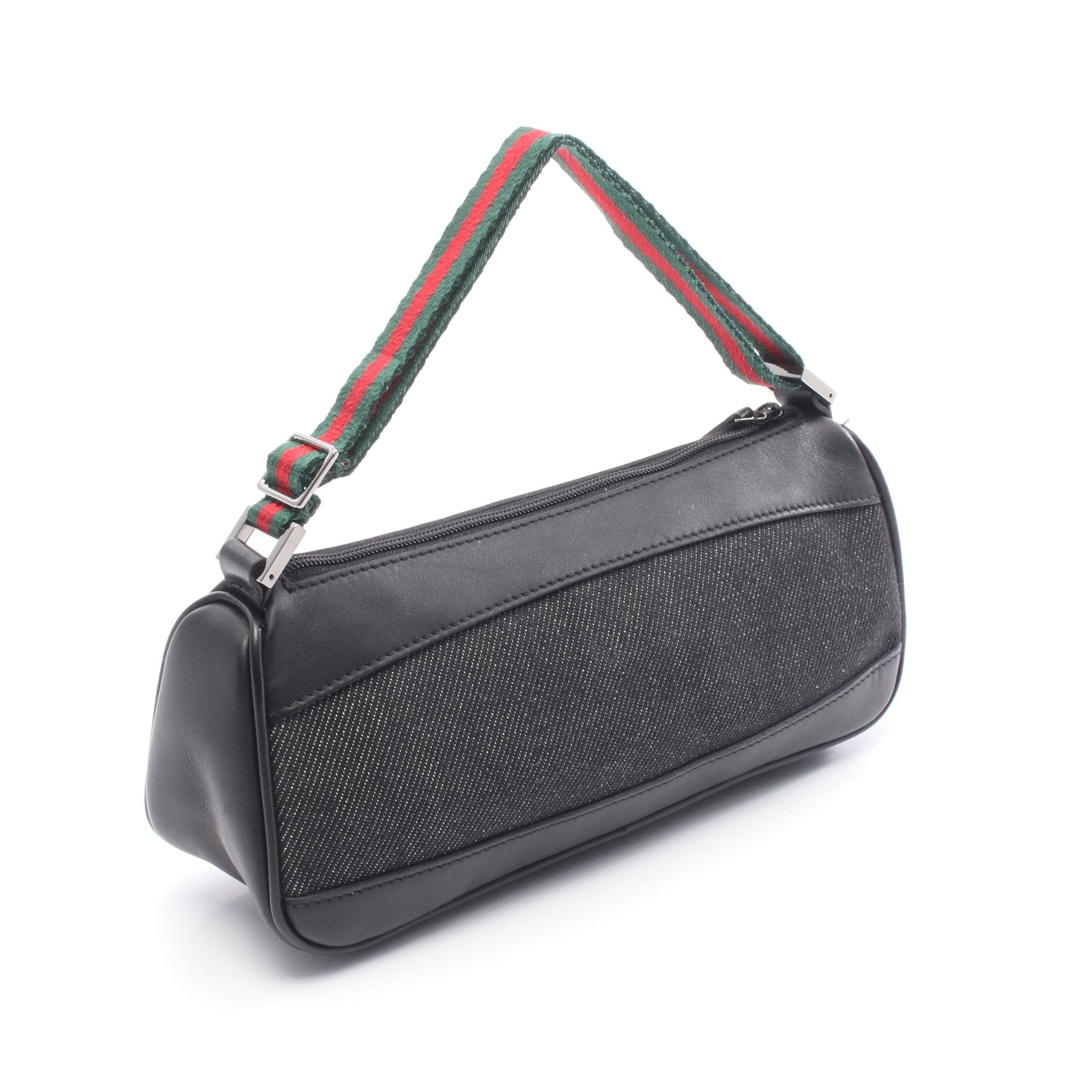 GUCCIブラック デニムアクセサリーポーチ シェリーライン アクセサリーポーチ ハンドバッグ デニム レザー