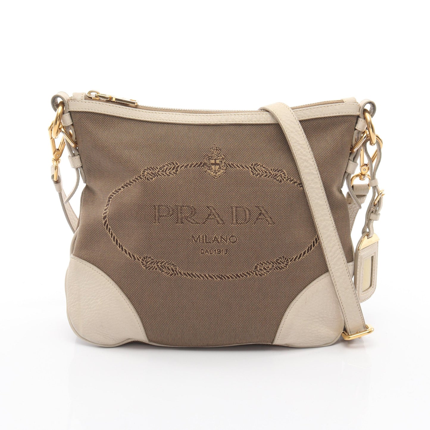LOGO JACQUARD ロゴジャガード ショルダーバッグ キャンバス レザー ベージュ アイボリー プラダ バッグ PRADA