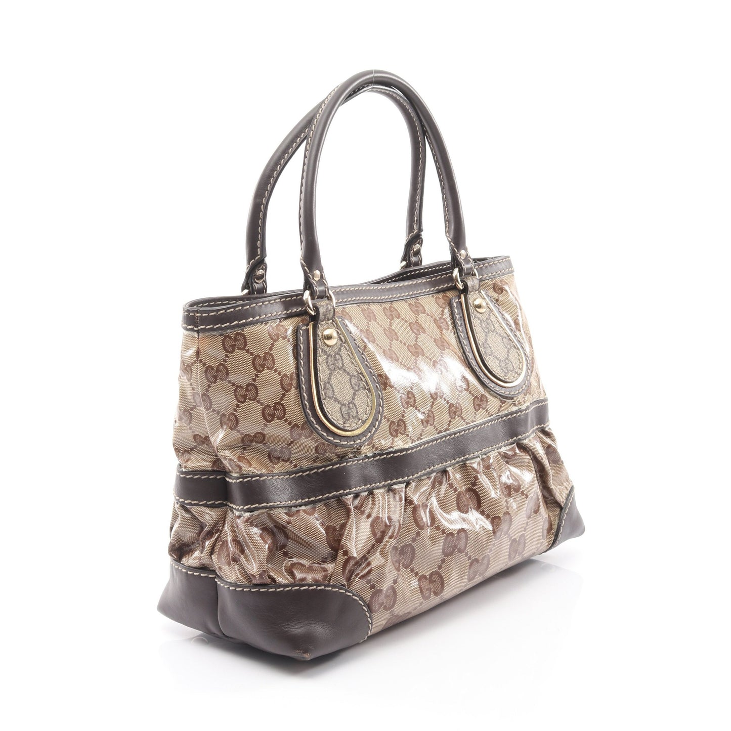 GGクリスタル ハンドバッグ トートバッグ コーティングキャンバス レザー ベージュ ブラウン グッチ バッグ GUCCI