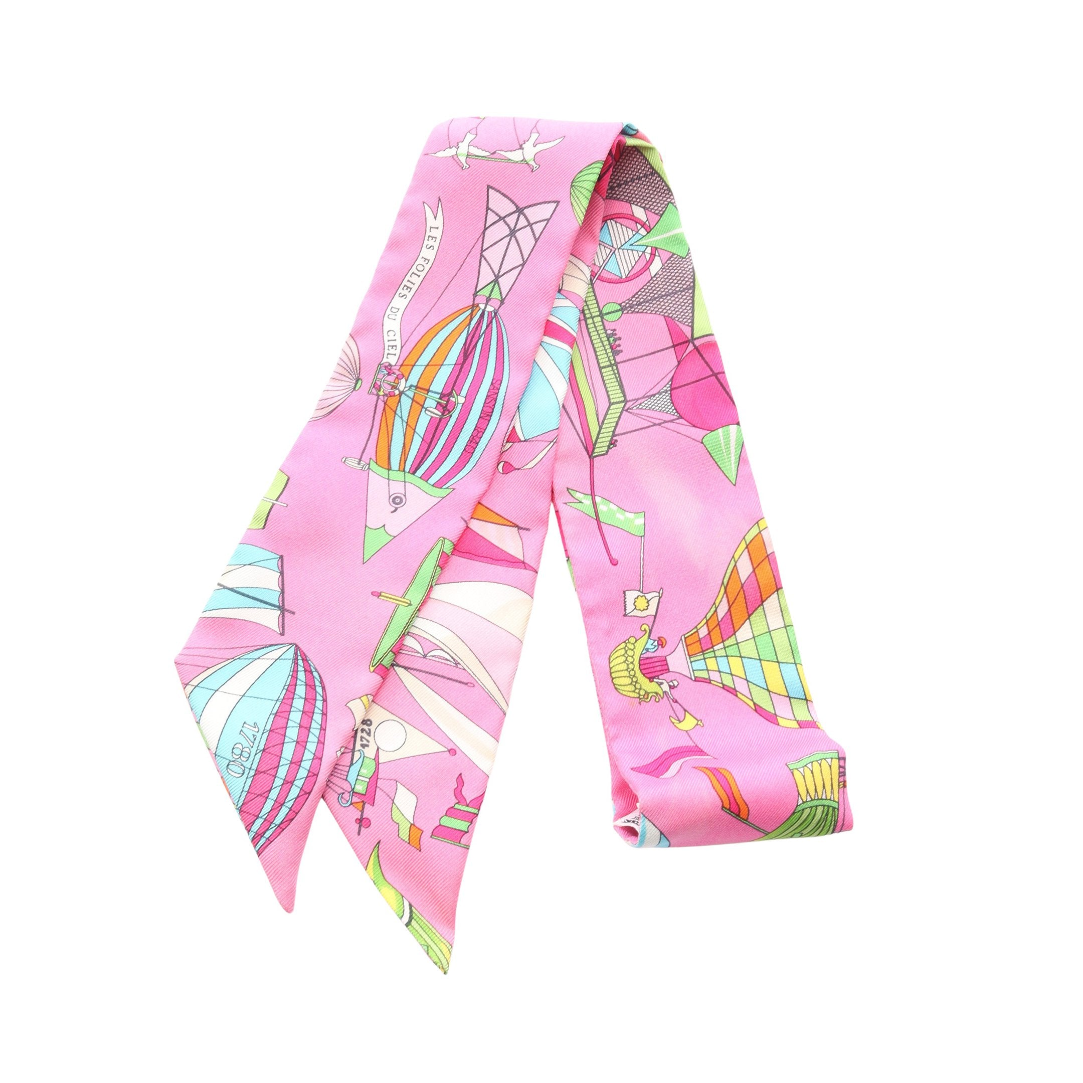 HERMES シルク リボンスカーフ ピンク　ツイリー ツイリー LES FOLIES DU CIEL リボン スカーフ シルク ピンク マルチ