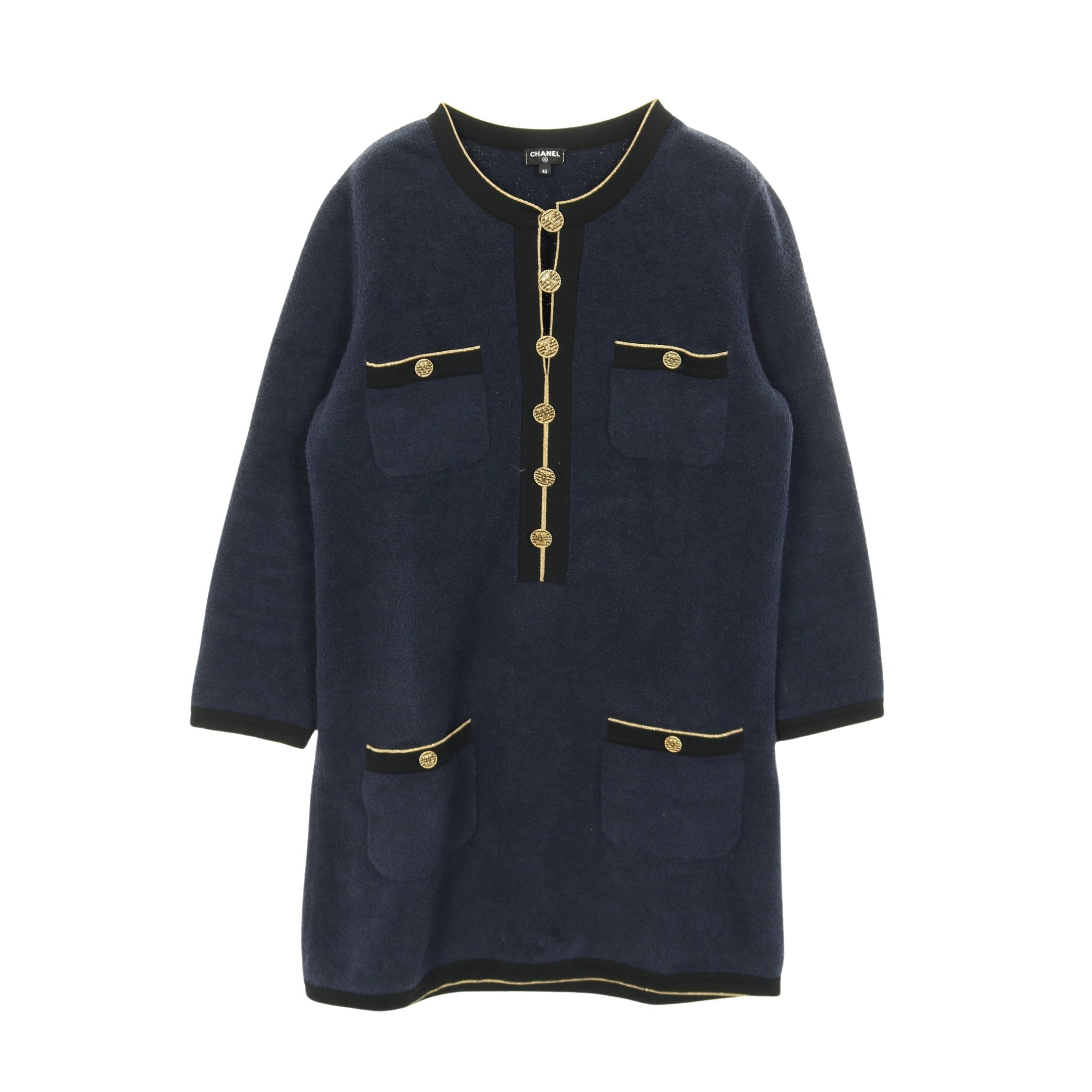 ココマークボタン ワンピース ノーカラー コットン ネイビー ブラック