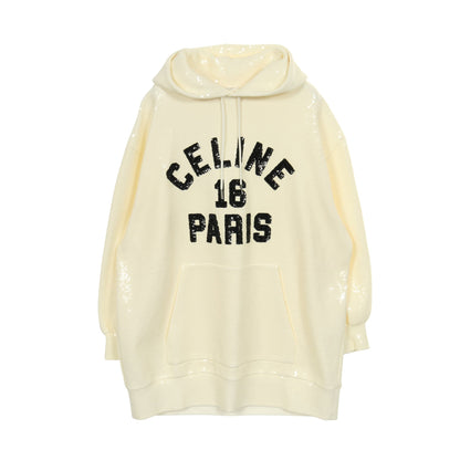 スパンコール ロゴ フーディ プルオーバーパーカー コットン ホワイト ブラック セリーヌ トップス CELINE