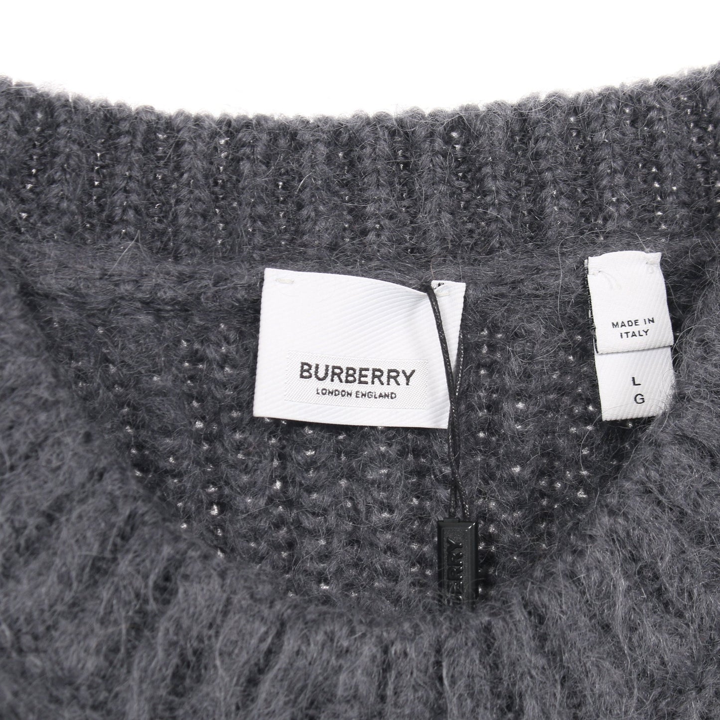 ストライプインターシャ ニット クルーネック 長袖 モヘヤ シルク グレー オレンジブラウン ブラック バーバリー トップス BURBERRY