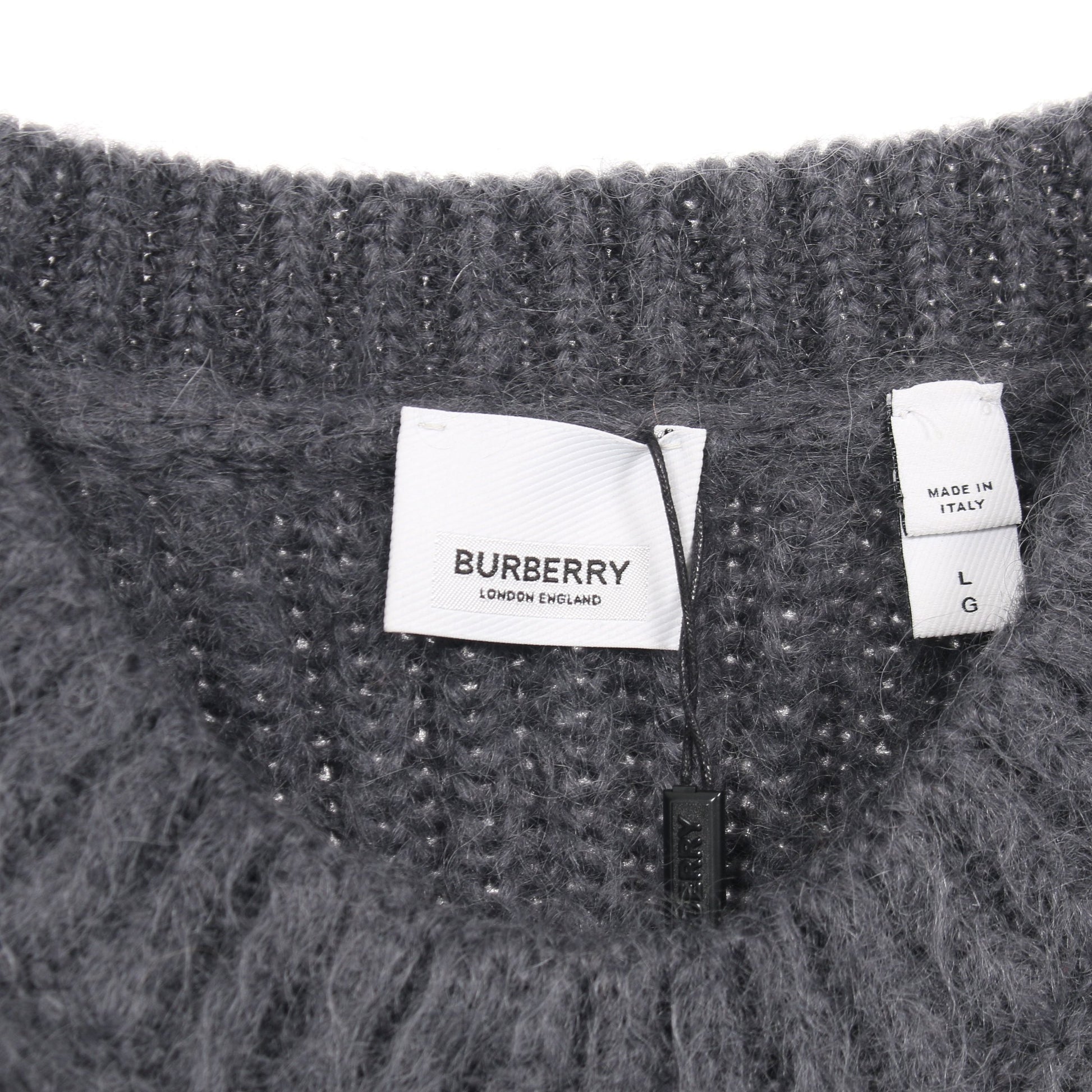 ストライプインターシャ ニット クルーネック 長袖 モヘヤ シルク グレー オレンジブラウン ブラック バーバリー トップス BURBERRY