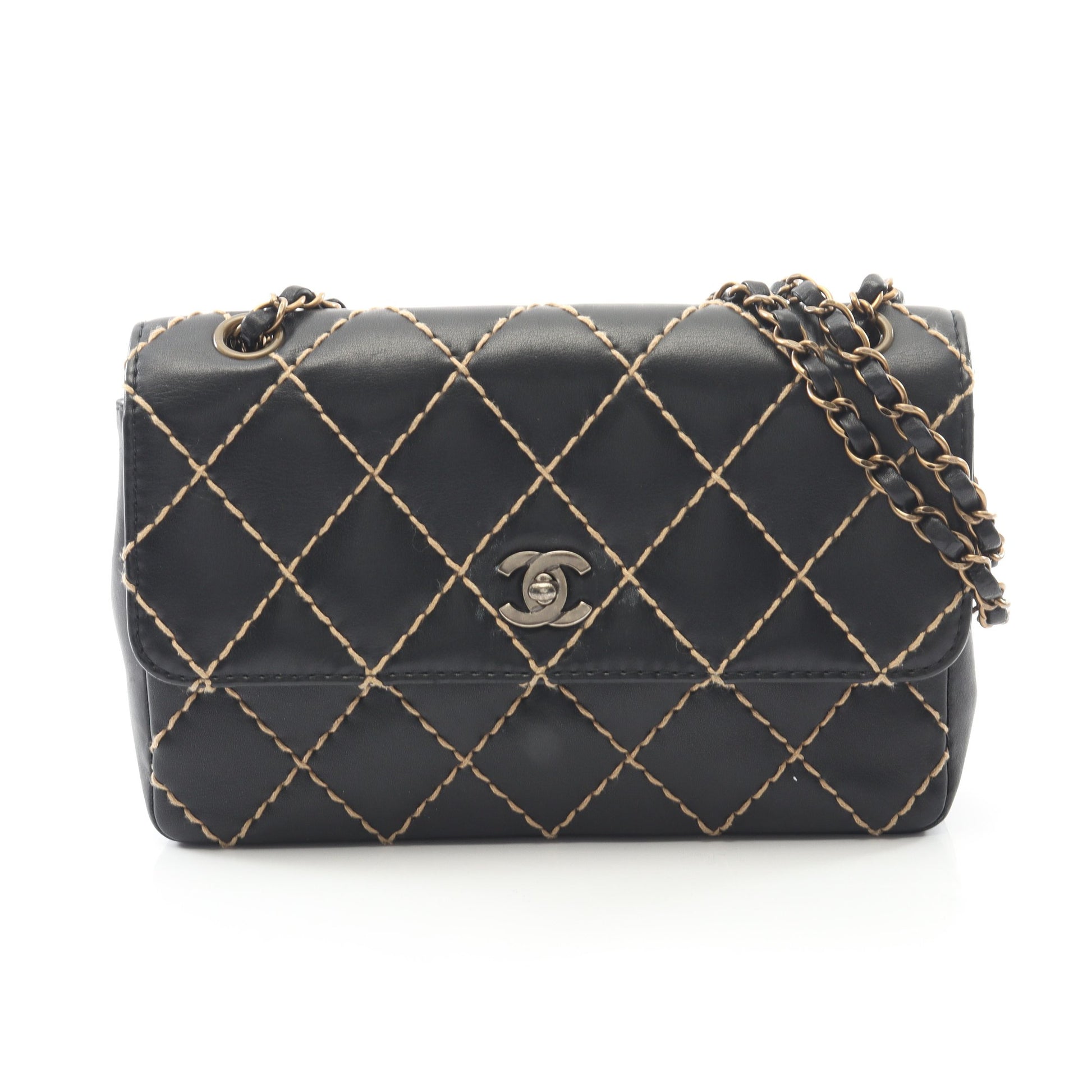 ワイルドステッチ Wチェーンショルダーバッグ レザー ブラック ゴールド金具 シャネル バッグ CHANEL