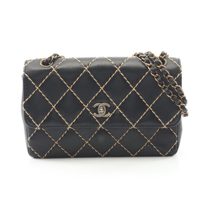 ワイルドステッチ Wチェーンショルダーバッグ レザー ブラック ゴールド金具 シャネル バッグ CHANEL