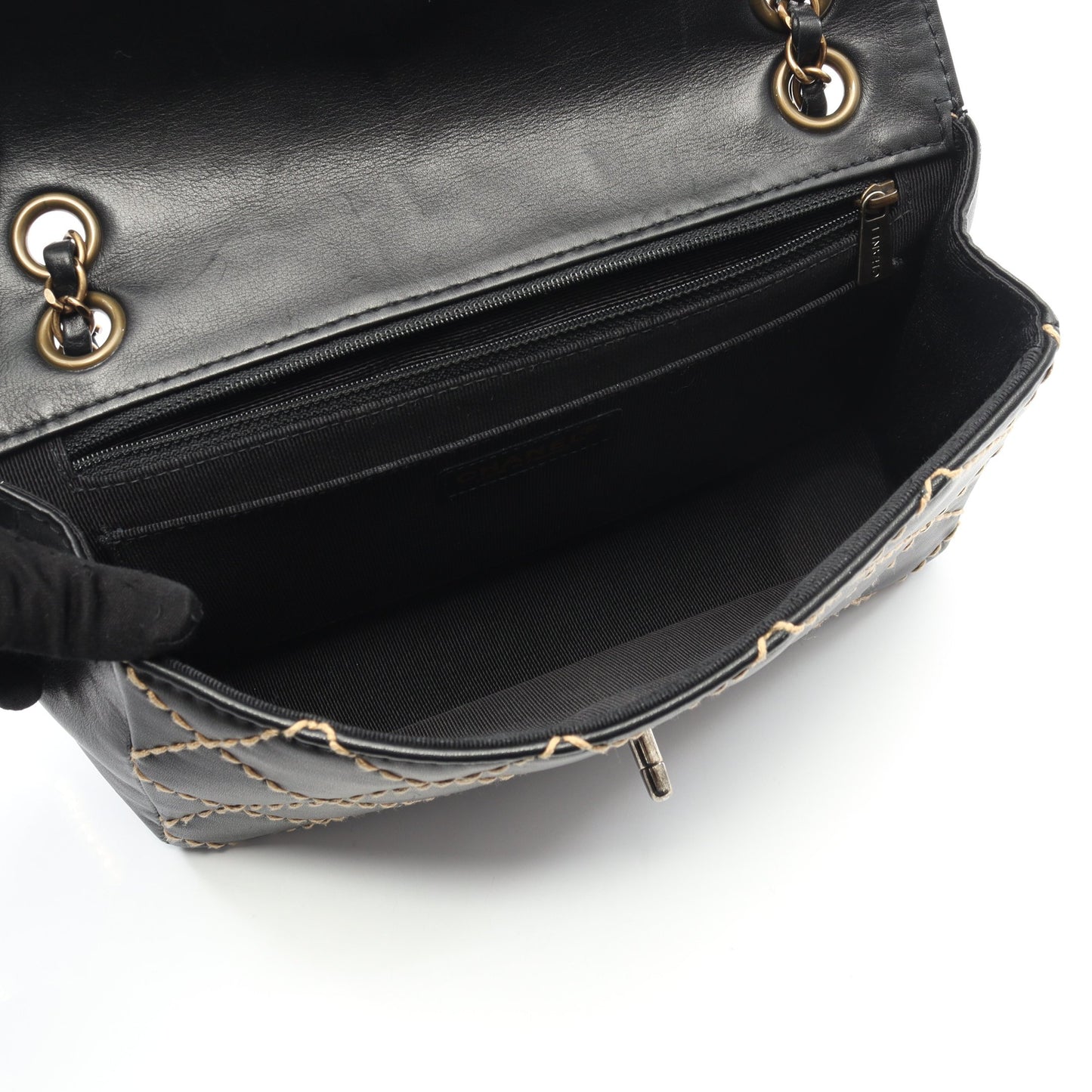 ワイルドステッチ Wチェーンショルダーバッグ レザー ブラック ゴールド金具 シャネル バッグ CHANEL