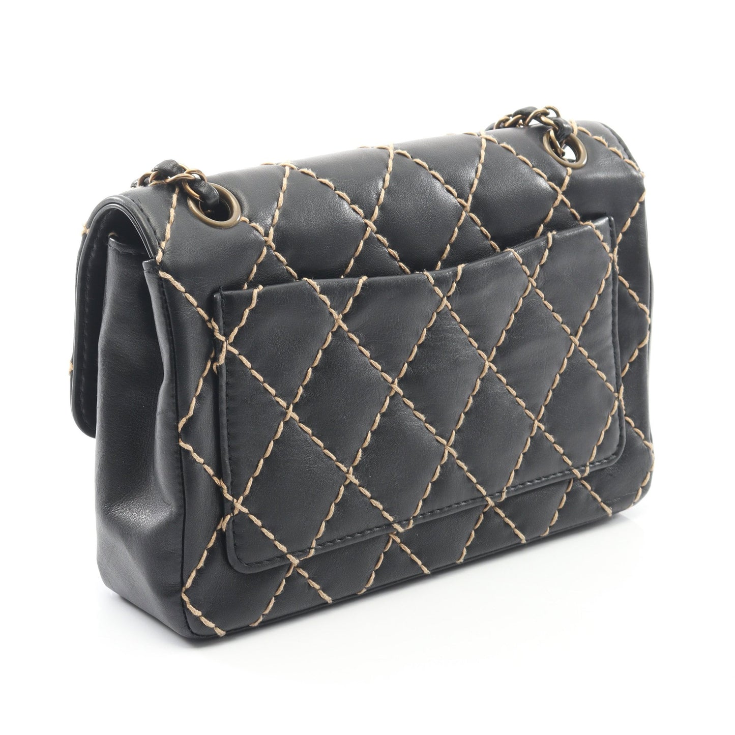 ワイルドステッチ Wチェーンショルダーバッグ レザー ブラック ゴールド金具 シャネル バッグ CHANEL