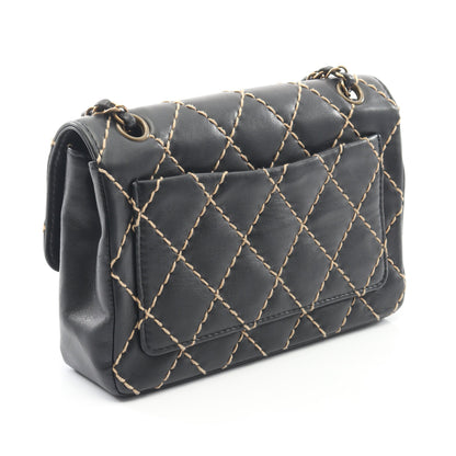 ワイルドステッチ Wチェーンショルダーバッグ レザー ブラック ゴールド金具 シャネル バッグ CHANEL
