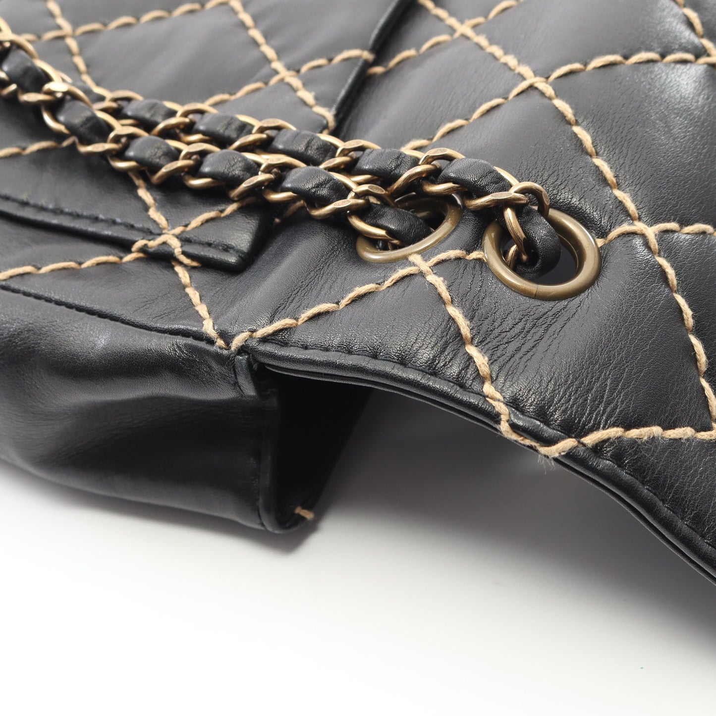 ワイルドステッチ Wチェーンショルダーバッグ レザー ブラック ゴールド金具 シャネル バッグ CHANEL