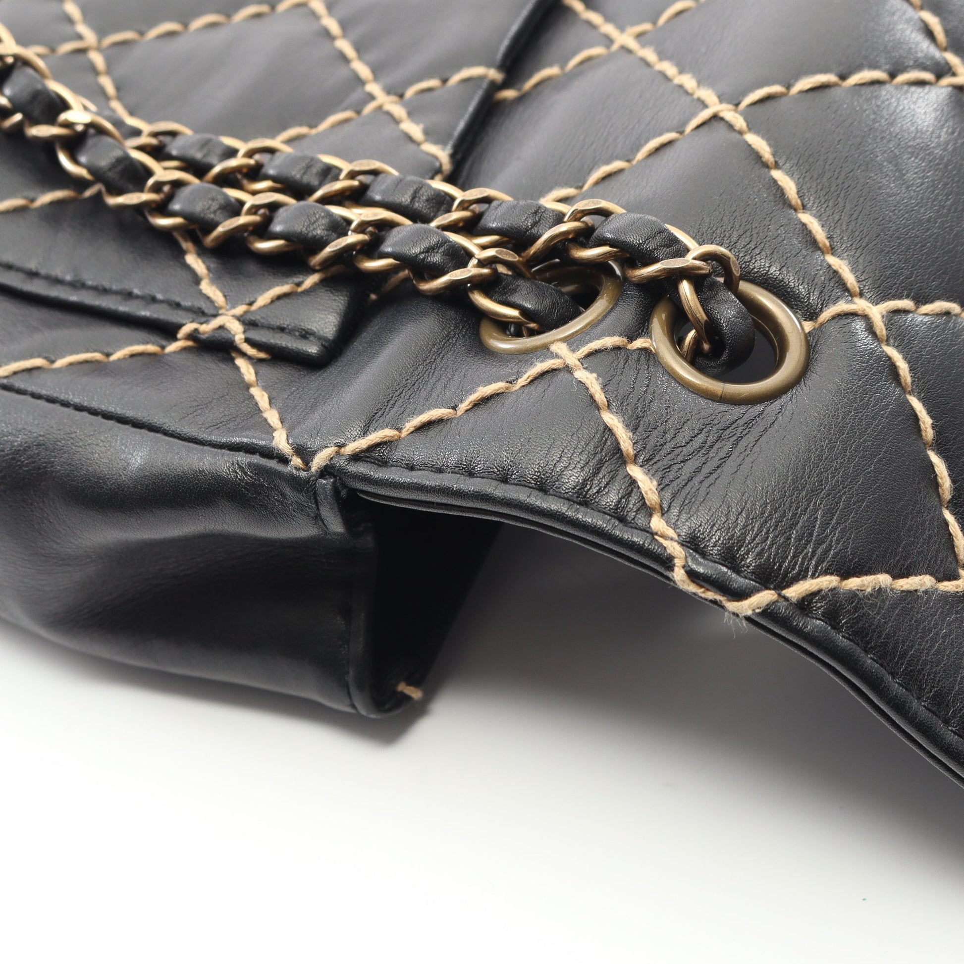 ワイルドステッチ Wチェーンショルダーバッグ レザー ブラック ゴールド金具 シャネル バッグ CHANEL