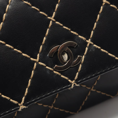 ワイルドステッチ Wチェーンショルダーバッグ レザー ブラック ゴールド金具 シャネル バッグ CHANEL