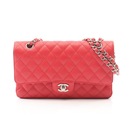 マトラッセ Wフラップ Wチェーンショルダーバッグ キャビアスキン ピンクレッド シルバー金具 シャネル バッグ CHANEL