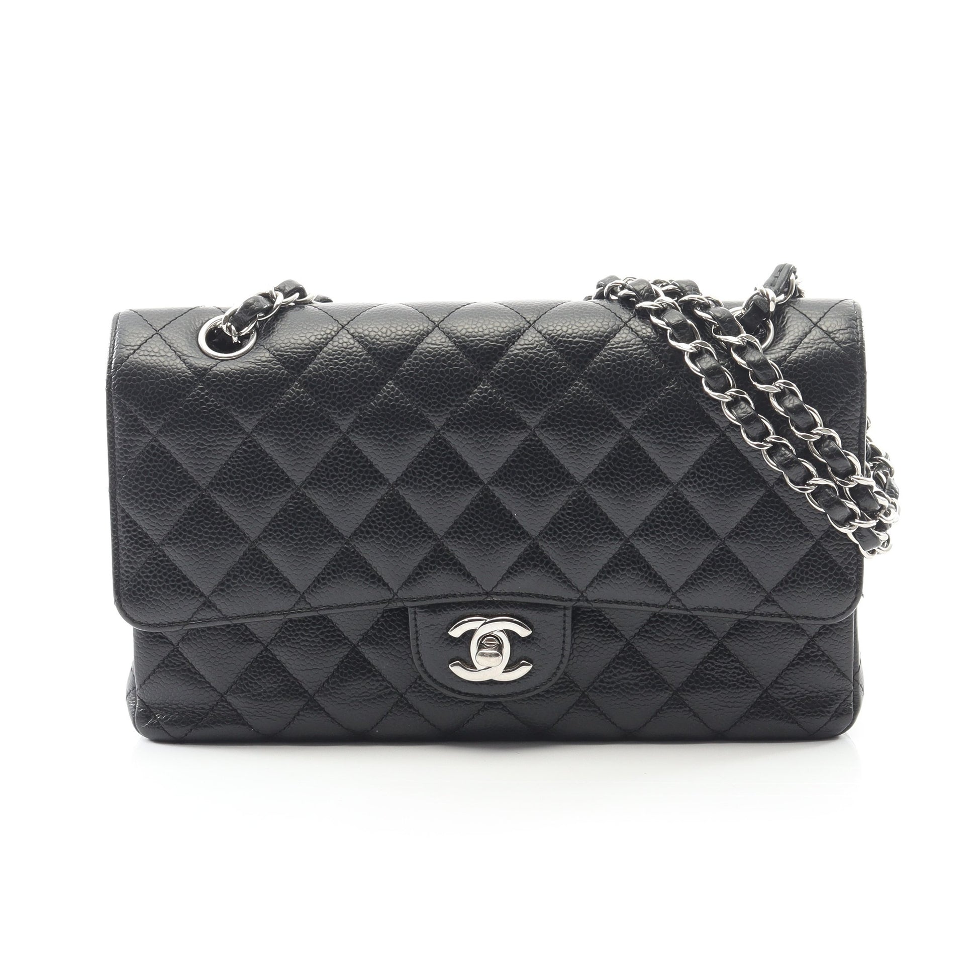 マトラッセ Wフラップ Wチェーンショルダーバッグ キャビアスキン ブラック シルバー金具 シャネル バッグ CHANEL