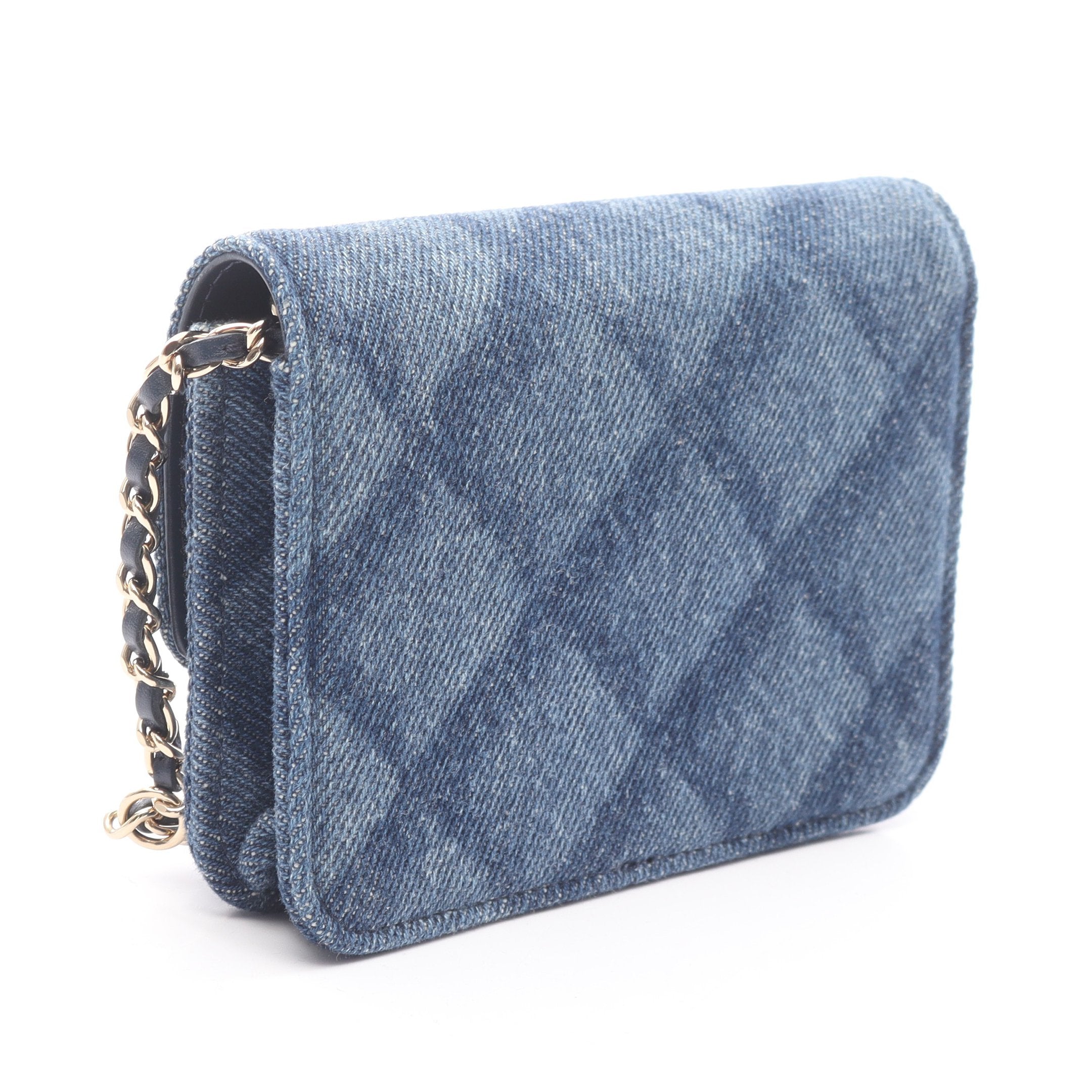 マトラッセ ミニ チェーンウォレット デニム レザー インディゴブルー