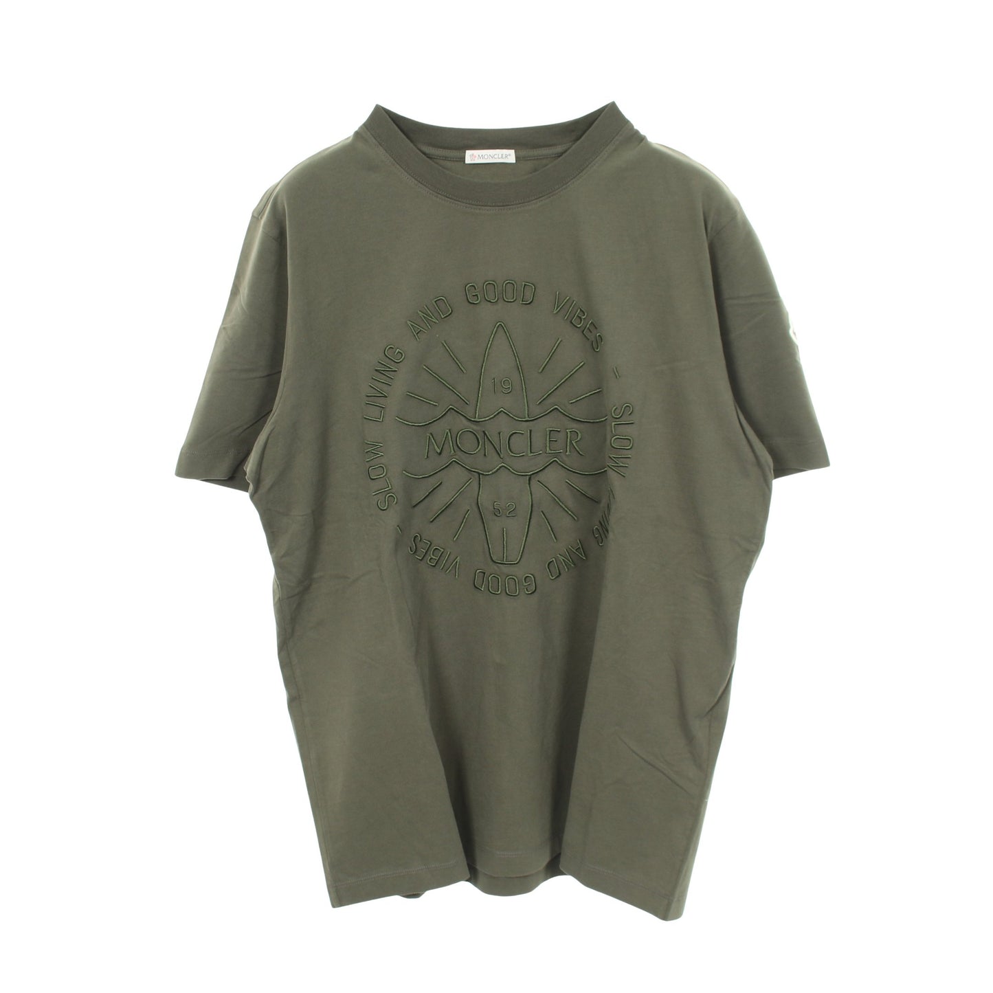 半袖Tシャツ クルーネック ロゴ刺繍 コットン カーキグリーン モンクレール トップス MONCLER
