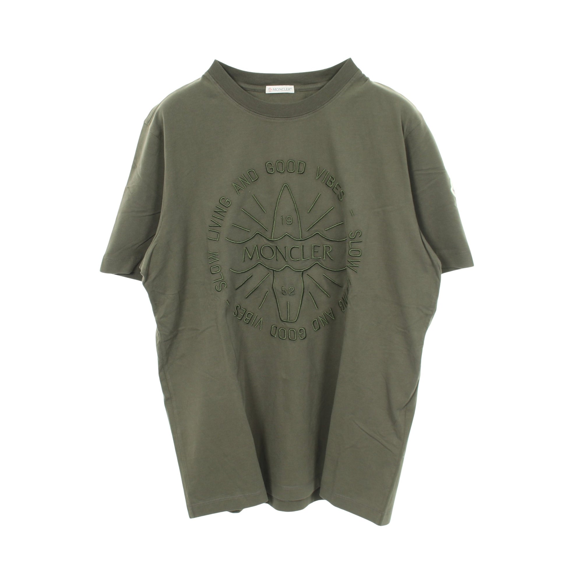 半袖Tシャツ クルーネック ロゴ刺繍 コットン カーキグリーン モンクレール トップス MONCLER