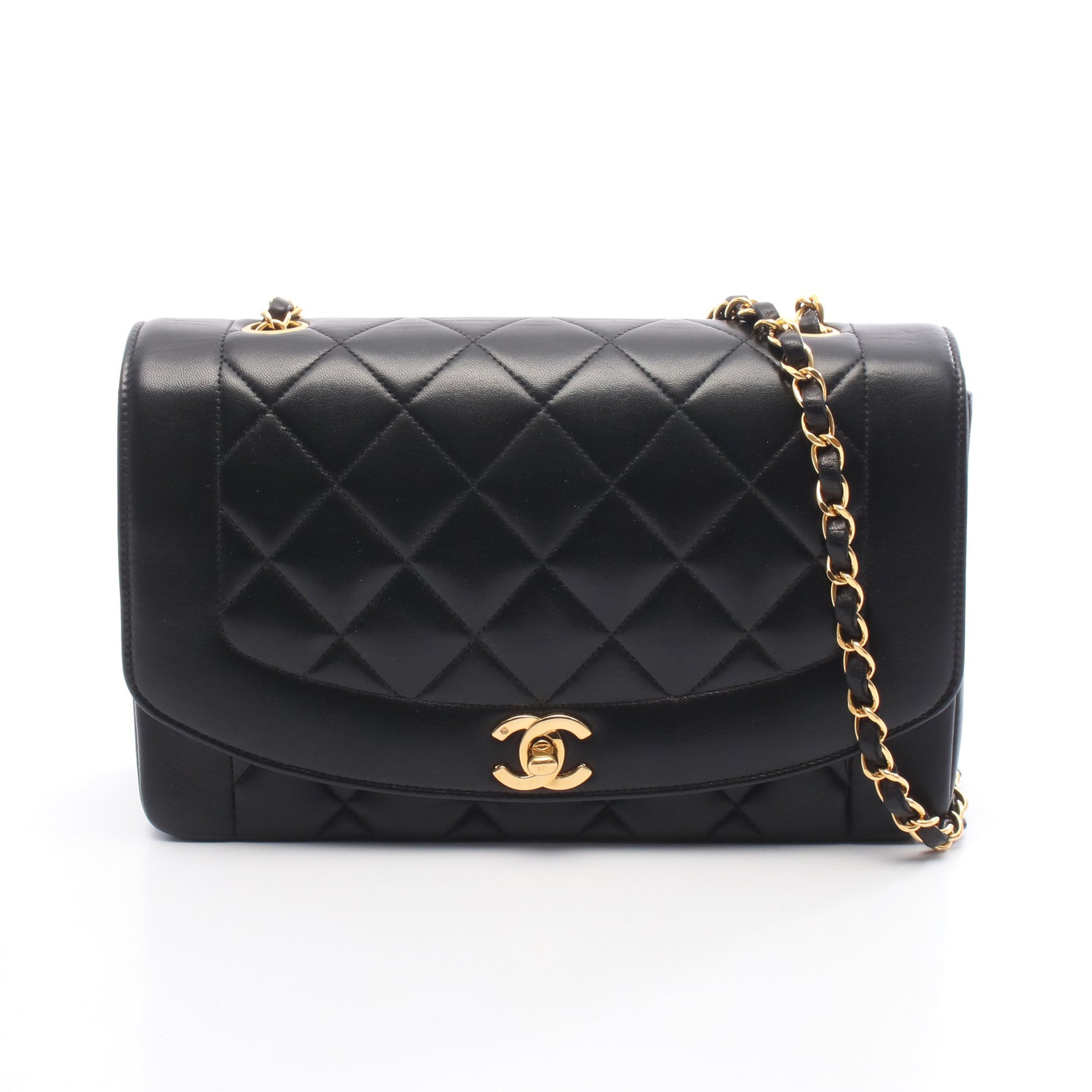 マトラッセ ダイアナフラップ チェーンショルダーバッグ ラムスキン ブラック ゴールド金具 シャネル バッグ CHANEL