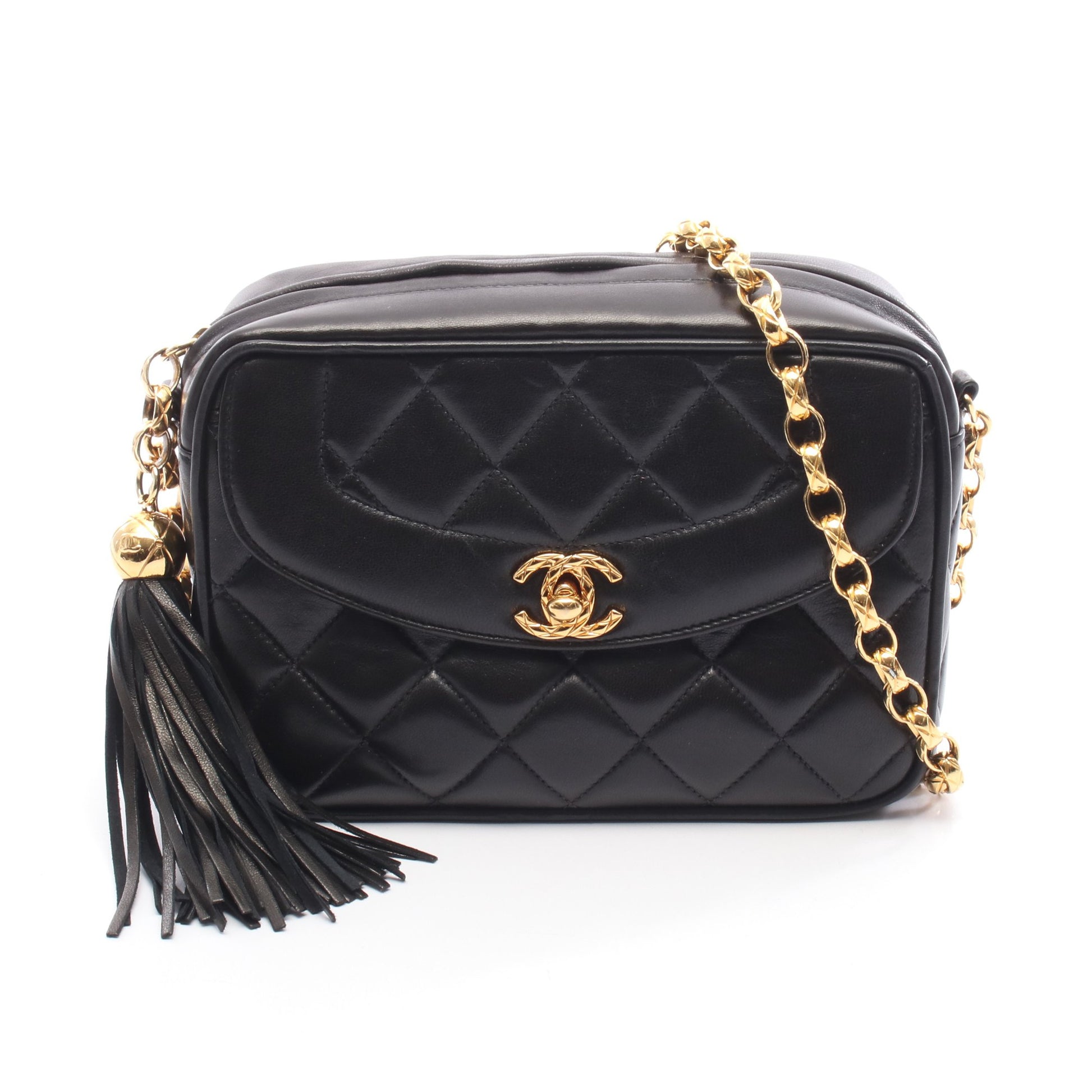 マトラッセ ダイアナフラップ チェーンショルダーバッグ ラムスキン ブラック ゴールド金具 シャネル バッグ CHANEL
