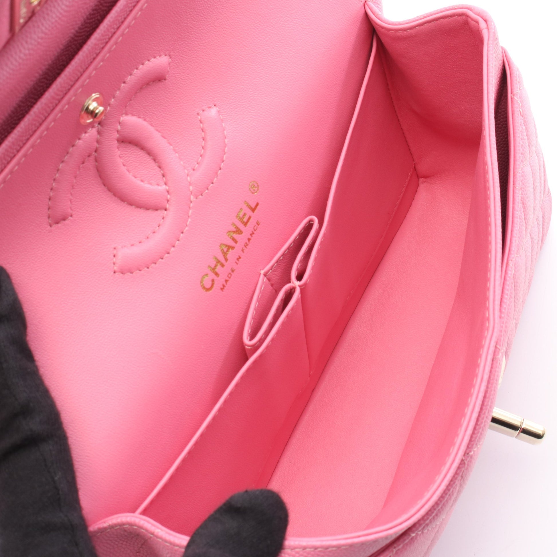 マトラッセ Wフラップ Wチェーンショルダーバッグ キャビアスキン ピンク ゴールド金具 シャネル バッグ CHANEL