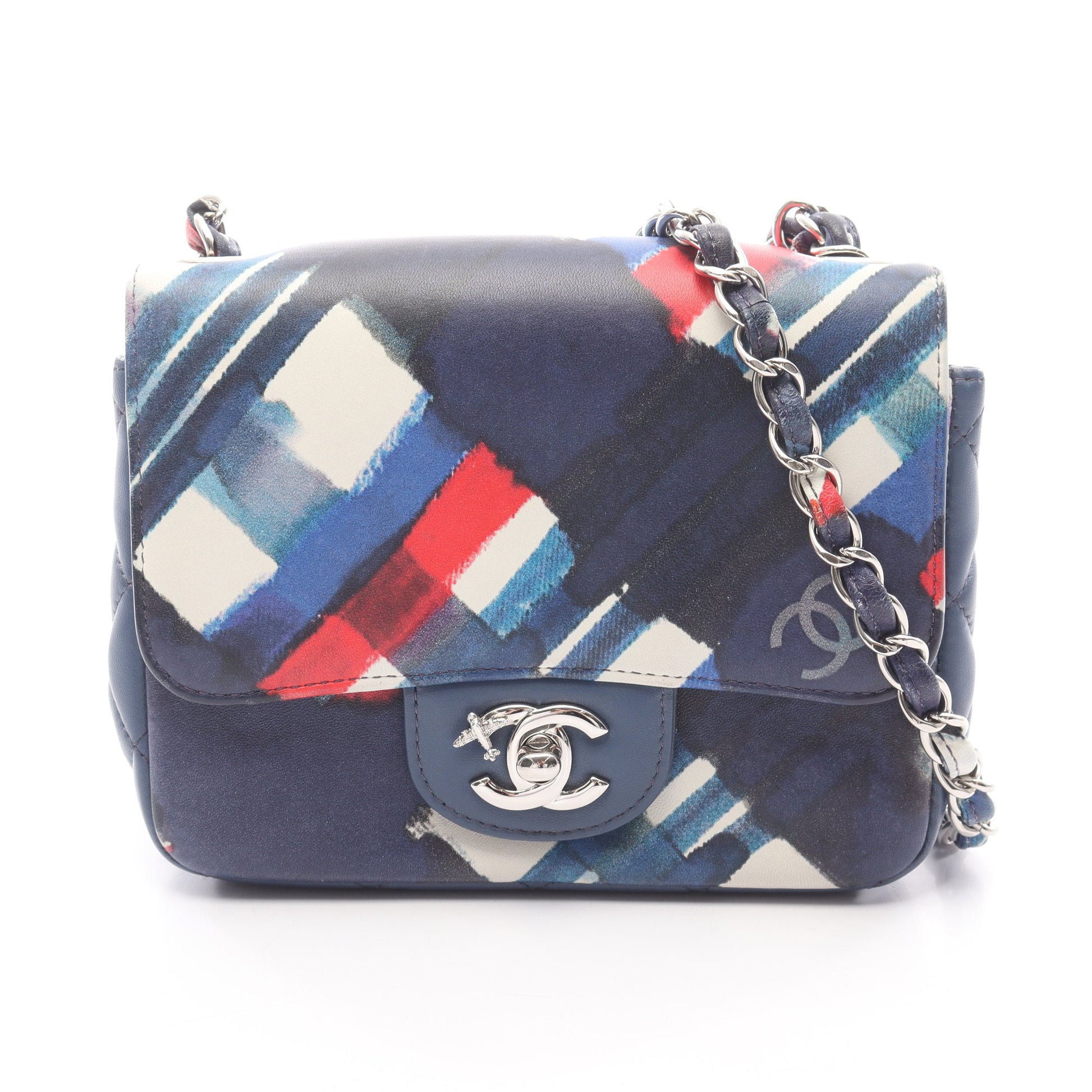 エアライン マトラッセ チェーンショルダーバッグ レザー ブルー マルチカラー シルバー金具 シャネル バッグ CHANEL