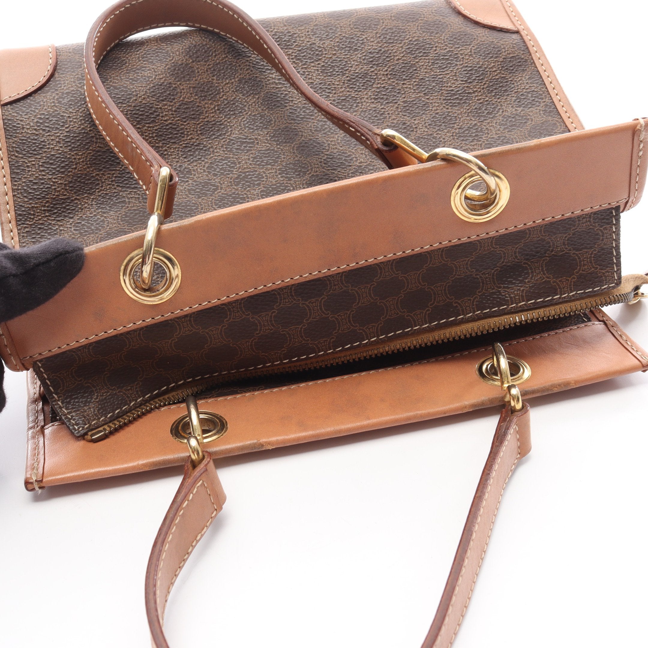 マカダム ハンドバッグ PVC レザー ダークブラウン ライトブラウン