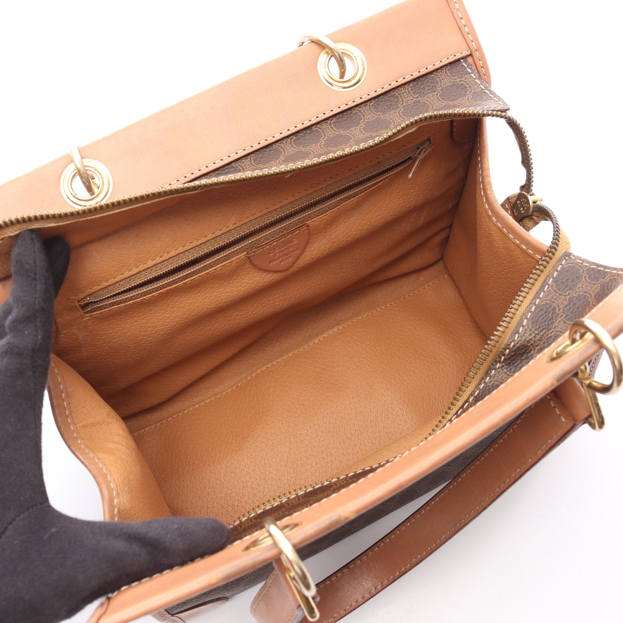 マカダム ハンドバッグ PVC レザー ダークブラウン ライトブラウン