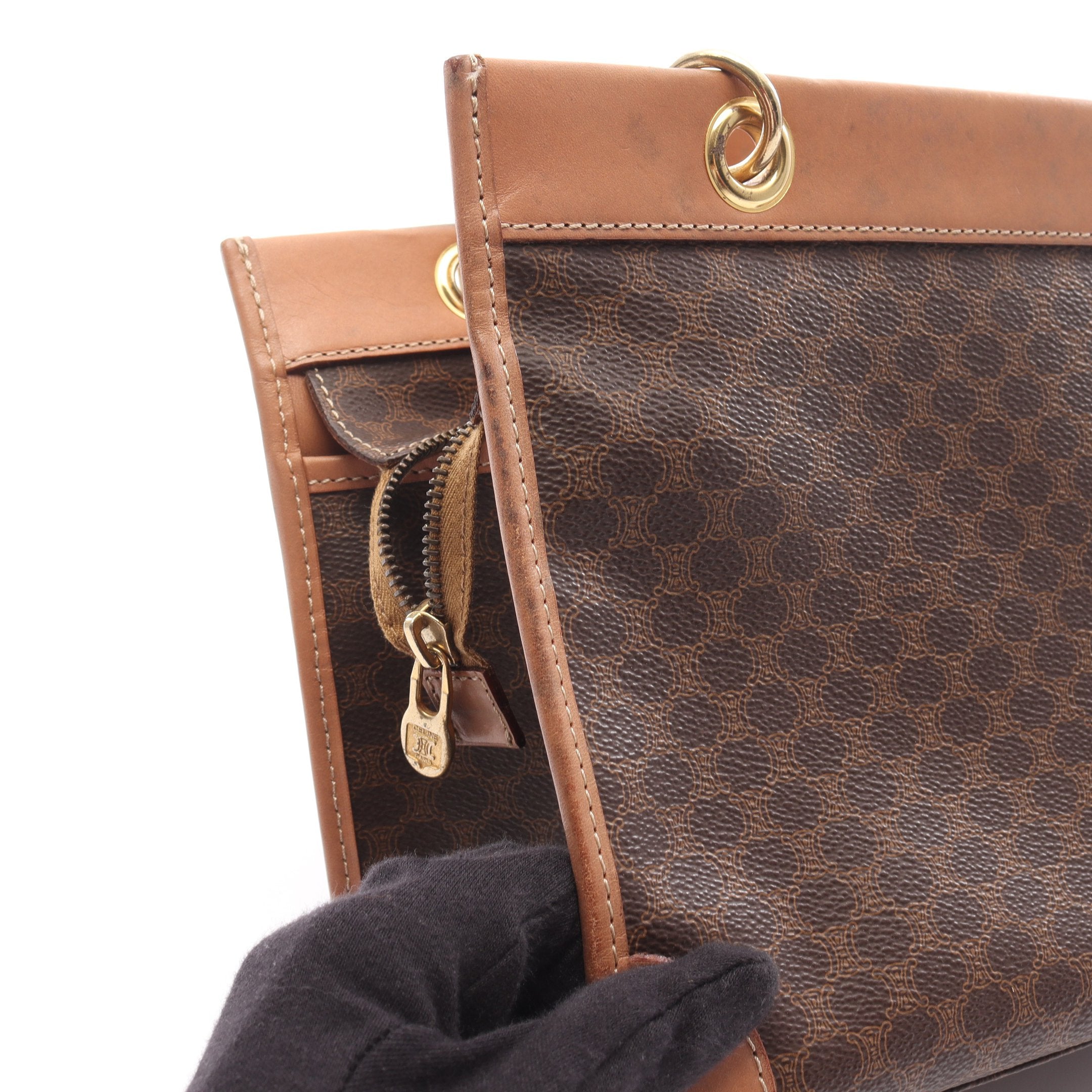 マカダム ハンドバッグ PVC レザー ダークブラウン ライトブラウン