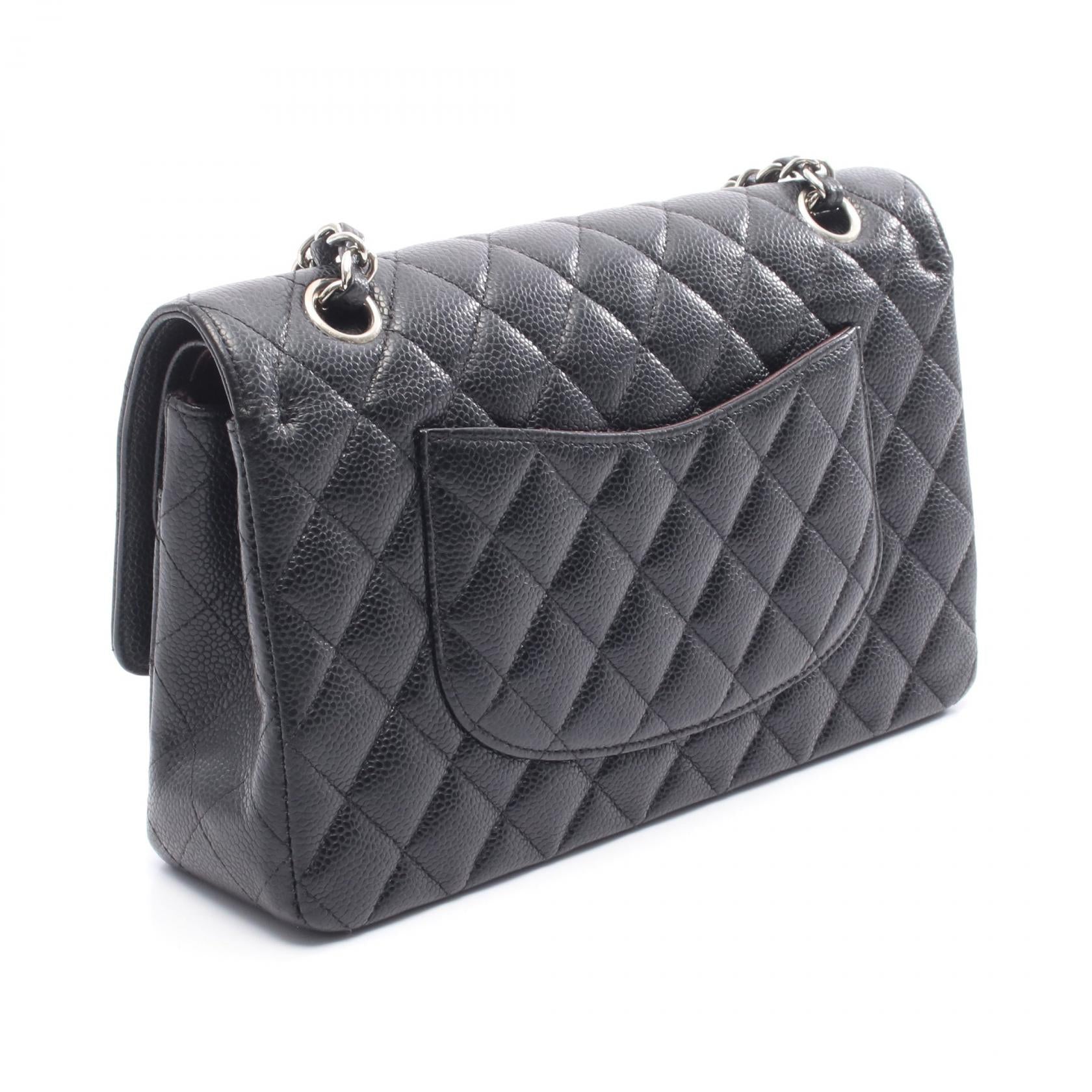 マトラッセ Wフラップ Wチェーンショルダーバッグ キャビアスキン ブラック シルバー金具 シャネル バッグ CHANEL