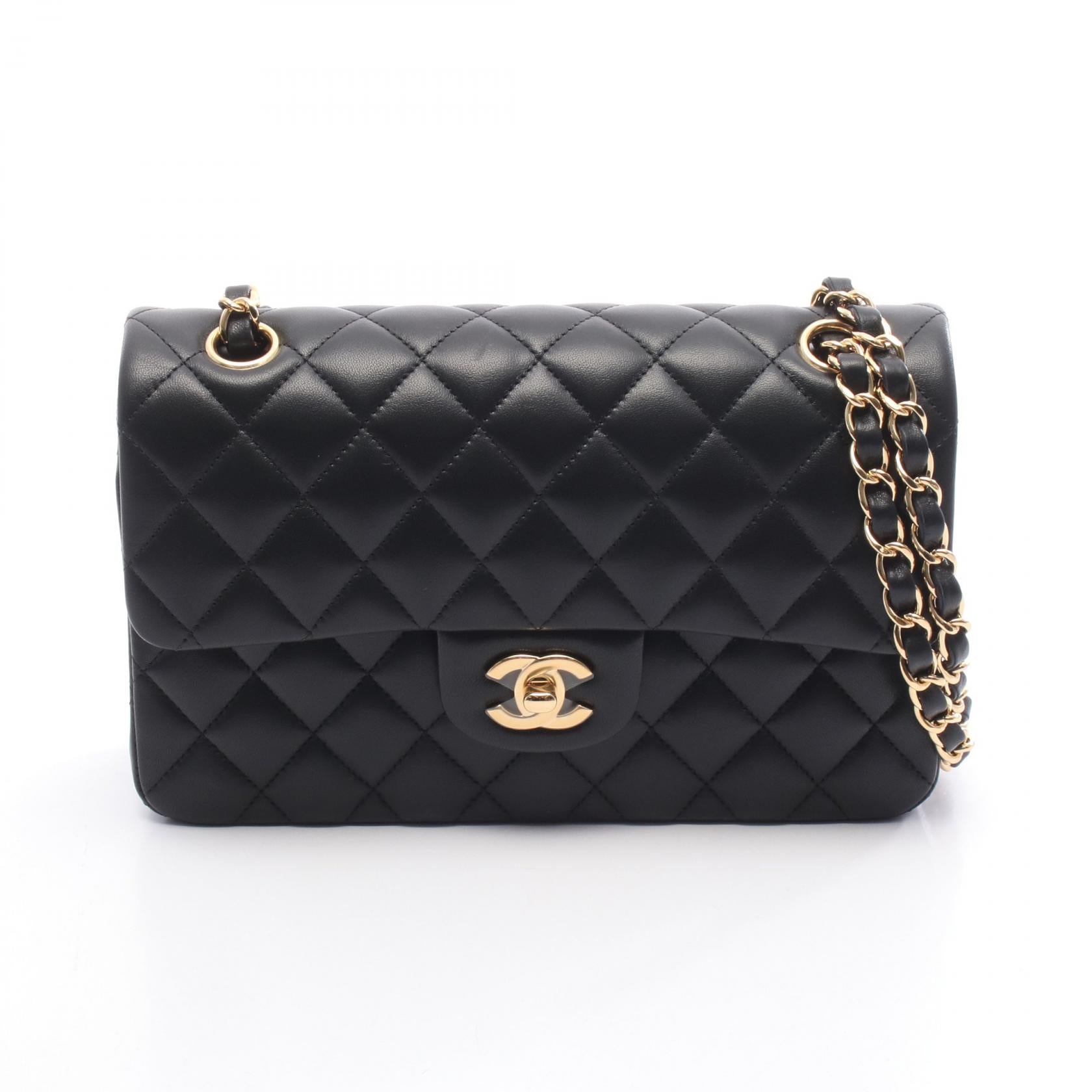 マトラッセ Wフラップ Wチェーンショルダーバッグ ラムスキン ブラック ゴールド金具 シャネル バッグ CHANEL