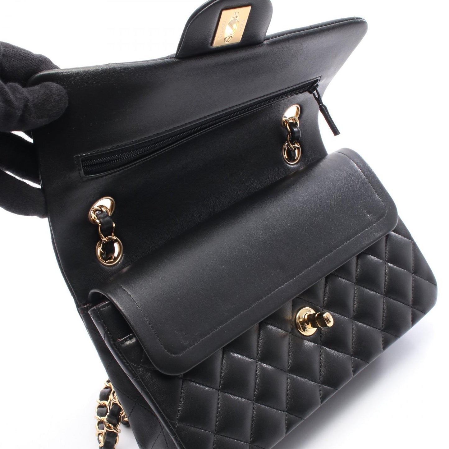 マトラッセ Wフラップ Wチェーンショルダーバッグ ラムスキン ブラック ゴールド金具 シャネル バッグ CHANEL