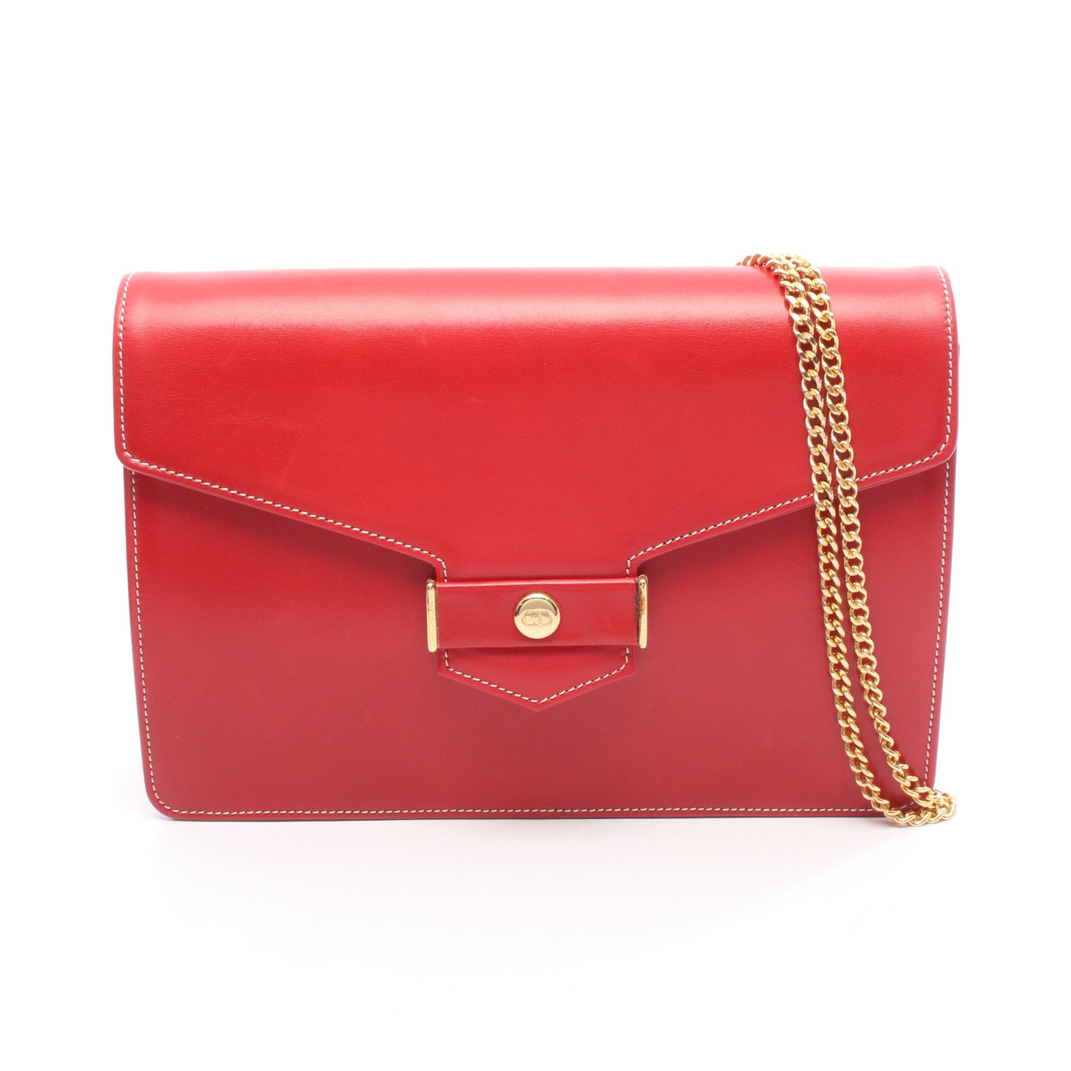 CDロゴ チェーンショルダーバッグ レザー レッド クリスチャン