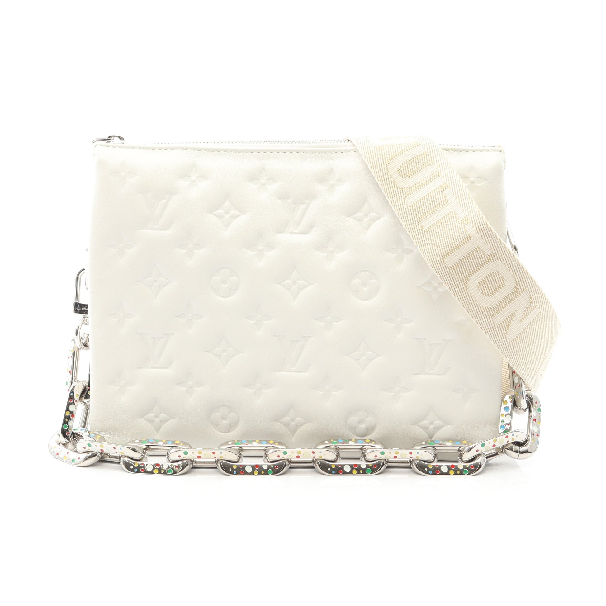 LV × YK クッサンPM モノグラムエンボス チェーンショルダーバッグ ラムスキン ホワイト 草間彌生 2WAY ルイヴィトン バッグ LOUIS VUITTON