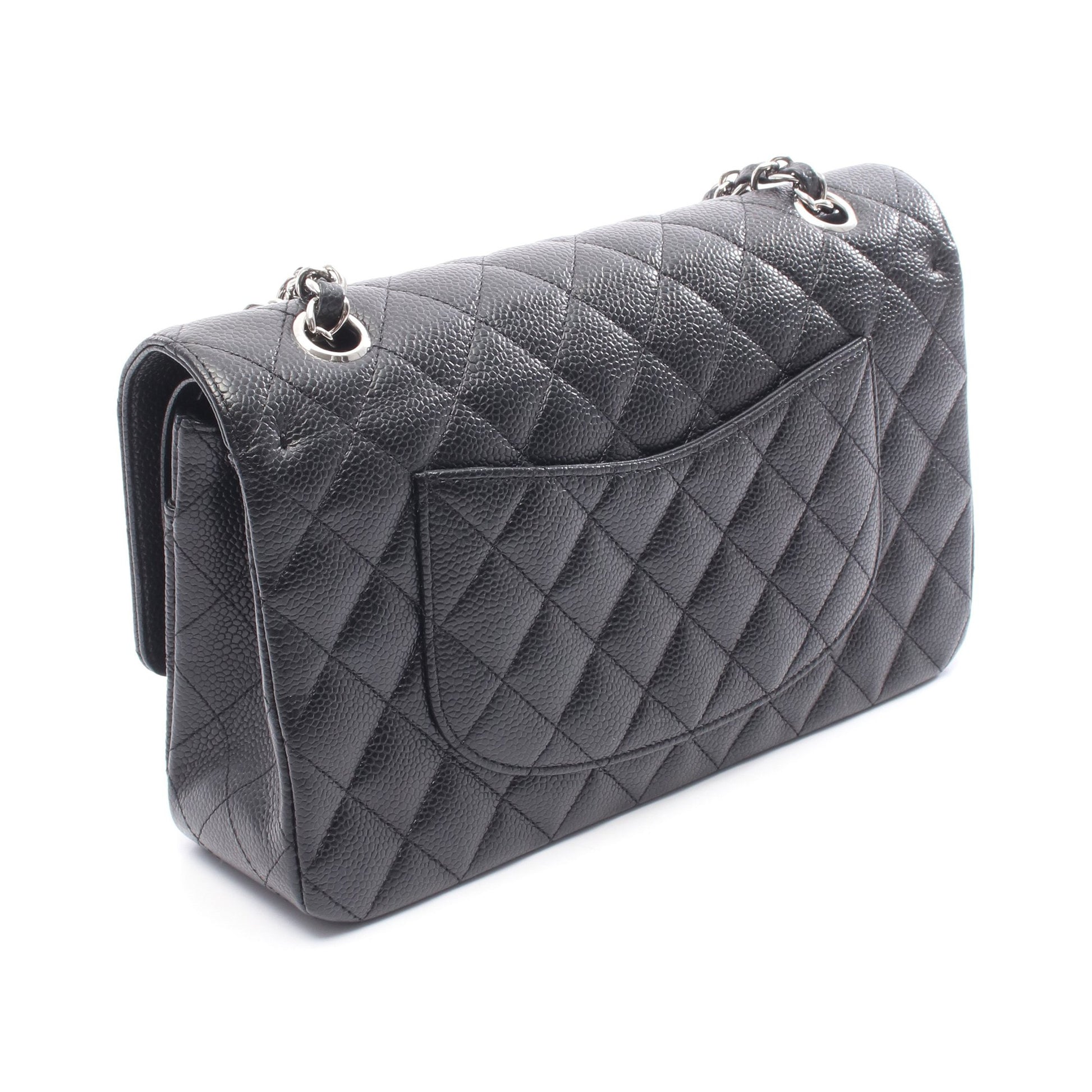 マトラッセ Wフラップ Wチェーンショルダーバッグ キャビアスキン ブラック シルバー金具 シャネル バッグ CHANEL
