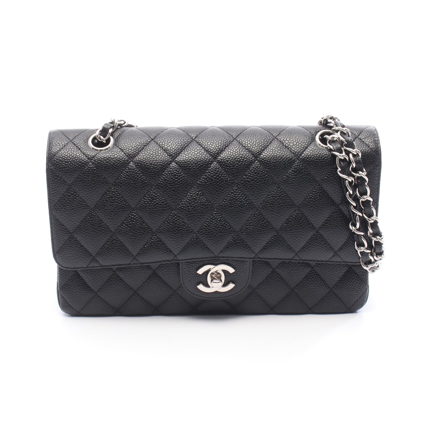 マトラッセ Wフラップ Wチェーンショルダーバッグ キャビアスキン ブラック シルバー金具 シャネル バッグ CHANEL