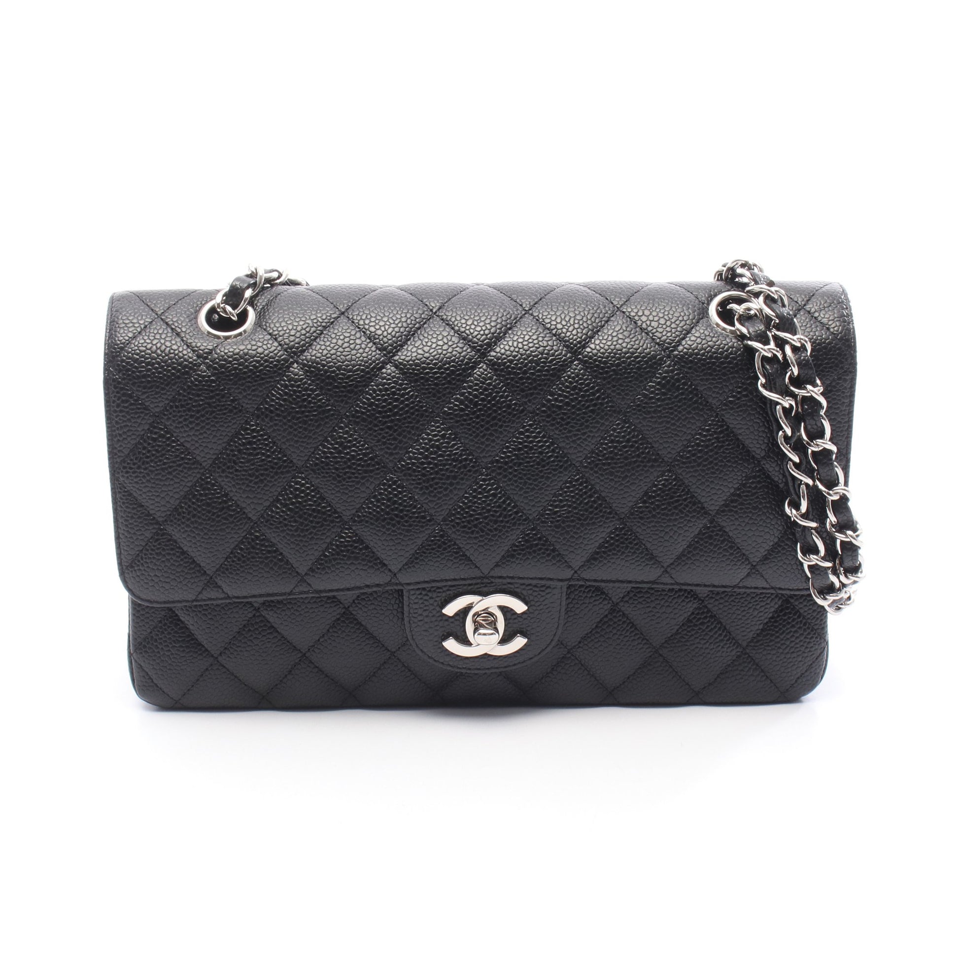 マトラッセ Wフラップ Wチェーンショルダーバッグ キャビアスキン ブラック シルバー金具 シャネル バッグ CHANEL