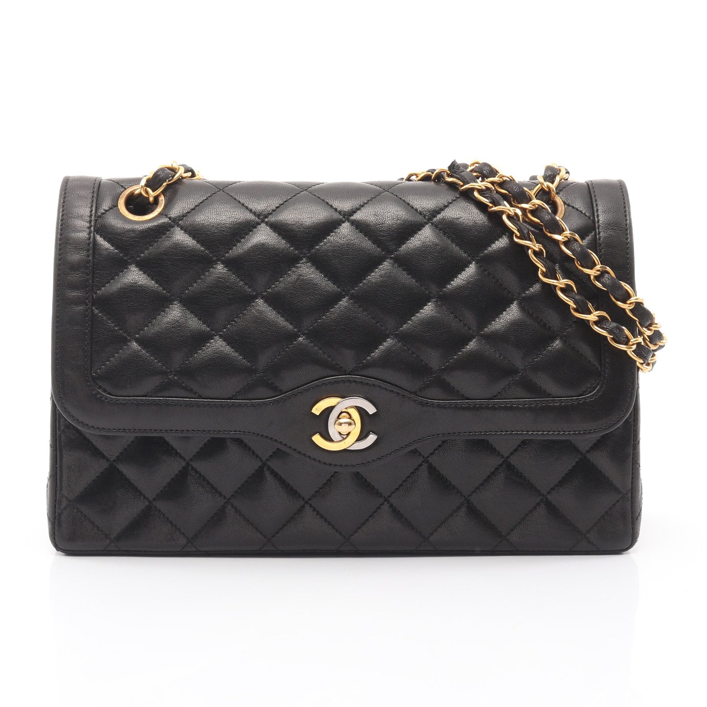 マトラッセ パリ限定 Wフラップ Wチェーンショルダーバッグ ラムスキン ブラック ゴールド金具 シャネル バッグ CHANEL