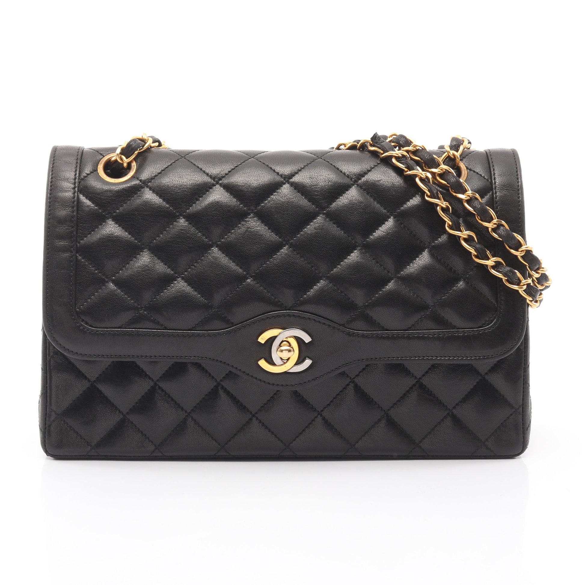 マトラッセ パリ限定 Wフラップ Wチェーンショルダーバッグ ラムスキン ブラック ゴールド金具 シャネル バッグ CHANEL