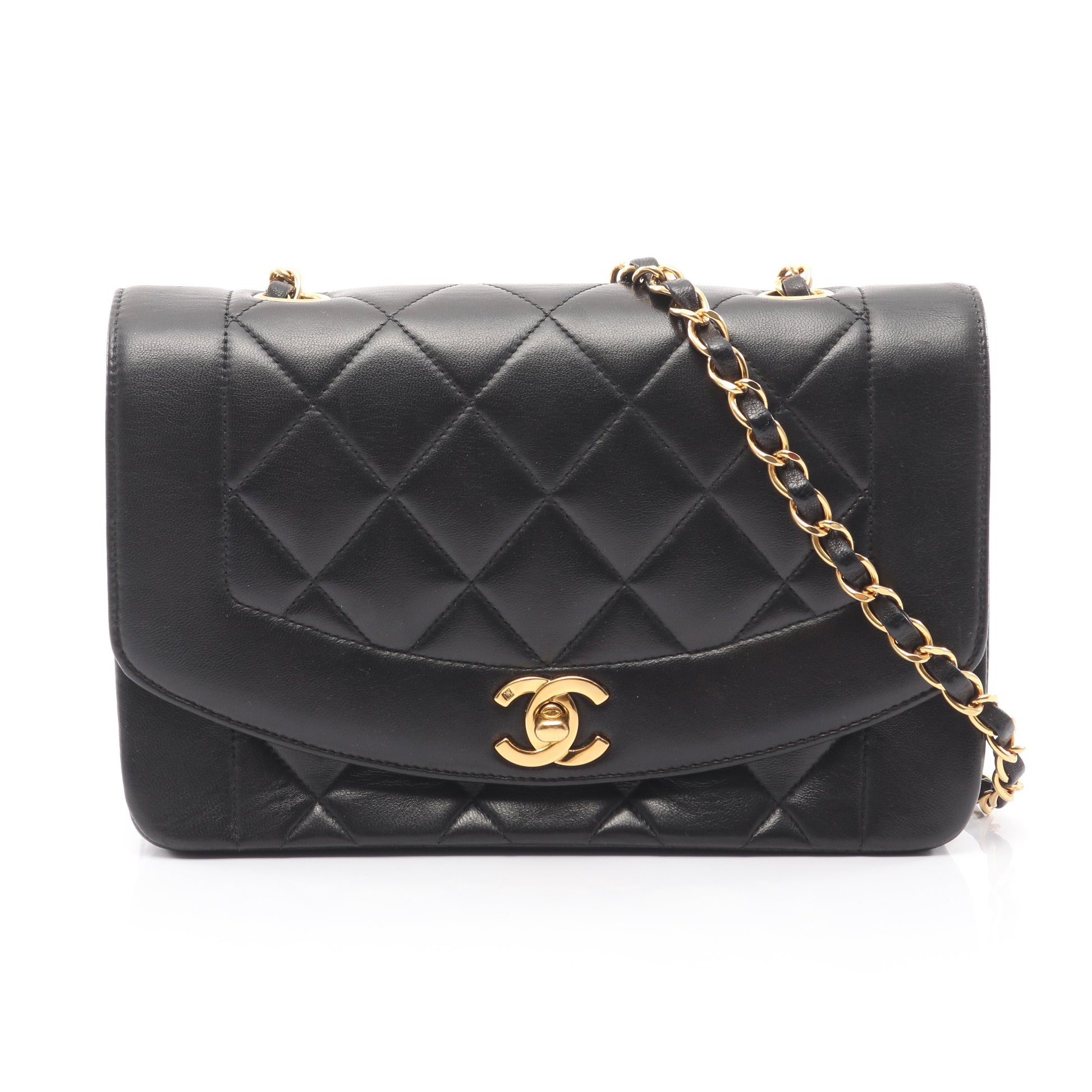 マトラッセ ダイアナフラップ チェーンショルダーバッグ ラムスキン ブラック ゴールド金具 シャネル バッグ CHANEL