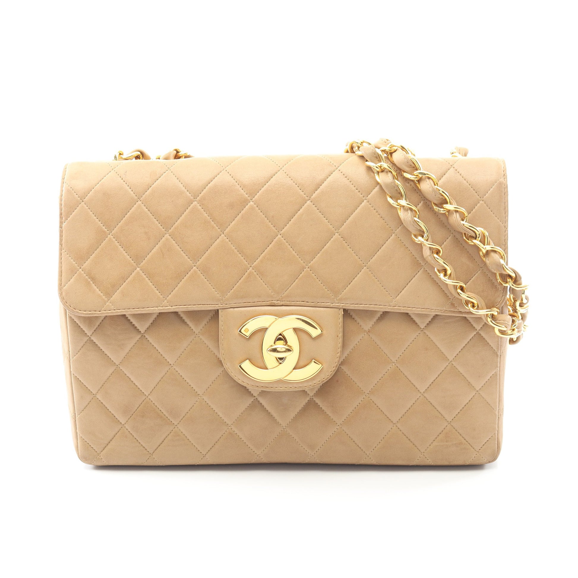 デカマトラッセ30 シングルフラップ Wチェーンショルダーバッグ ラムスキン ベージュ ゴールド金具 シャネル バッグ CHANEL