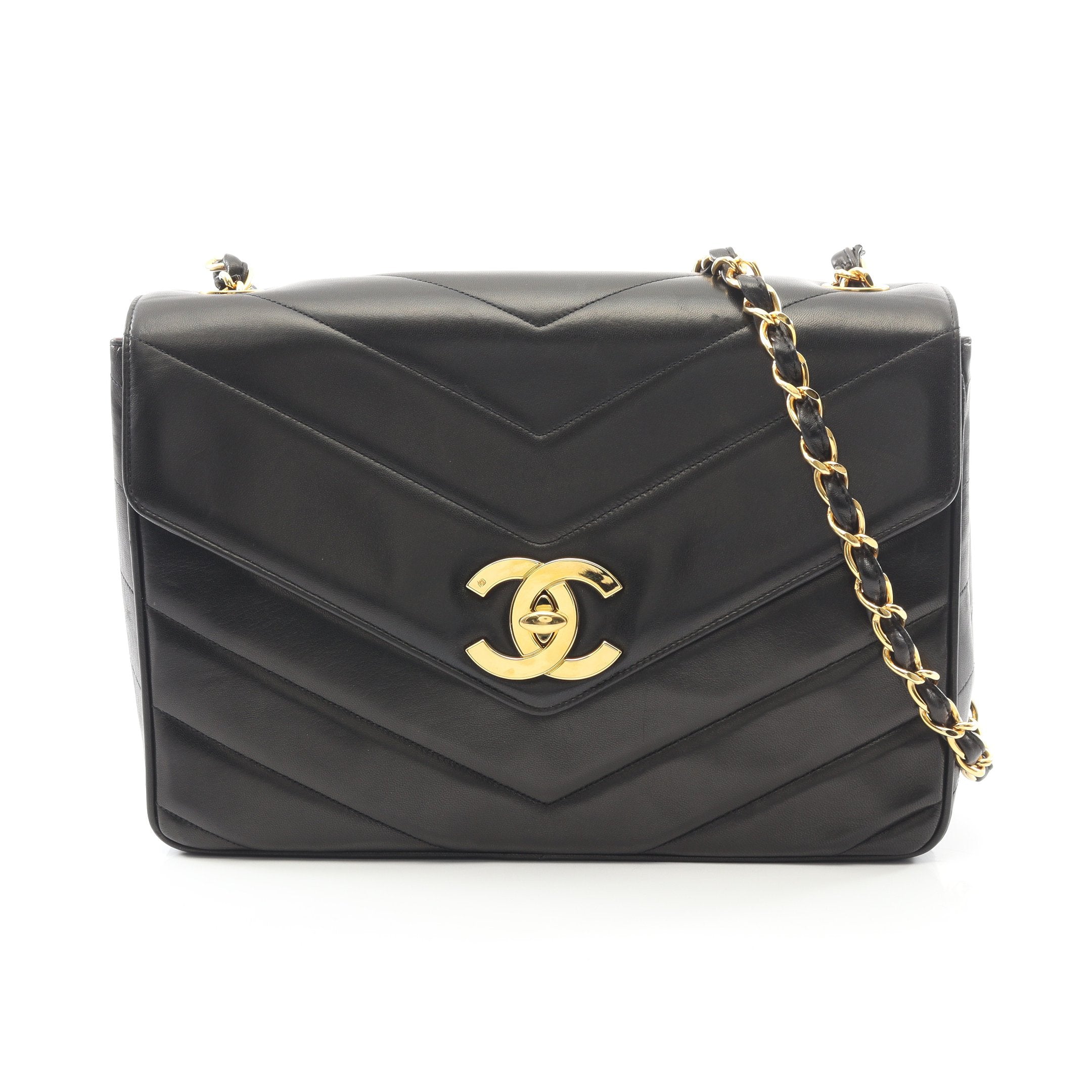 Vステッチ チェーンショルダーバッグ ラムスキン ブラック ゴールド