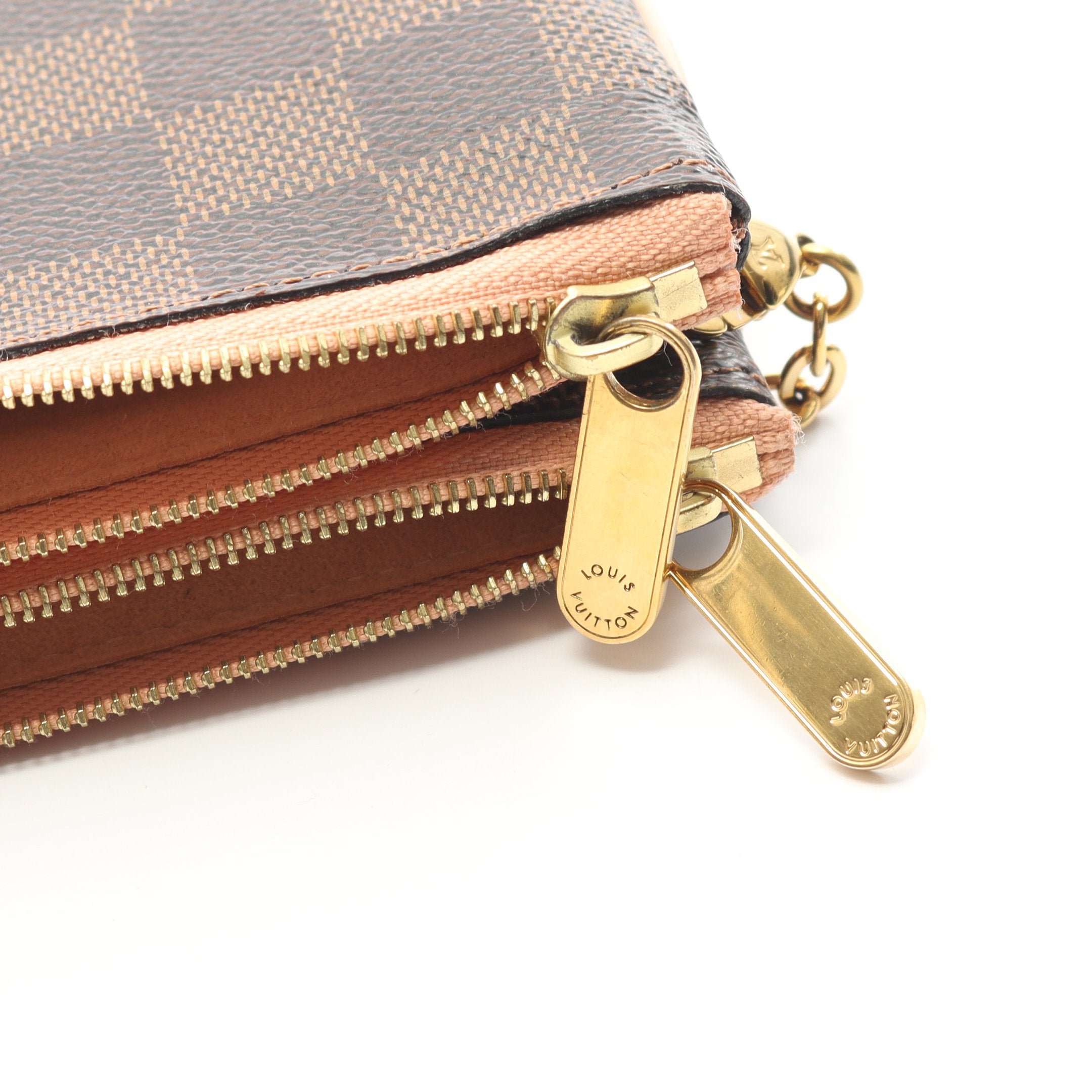 ルイヴィトン LOUIS VUITTON ポシェット ダミエ ドゥーブル ジップ ブラウン/ピンク N60254 MI3199 チェーンショルダー 美品 → 2503LA012 ポシェット ドゥーブル ジップ ダミエエベヌ チェーンショルダーバッグ