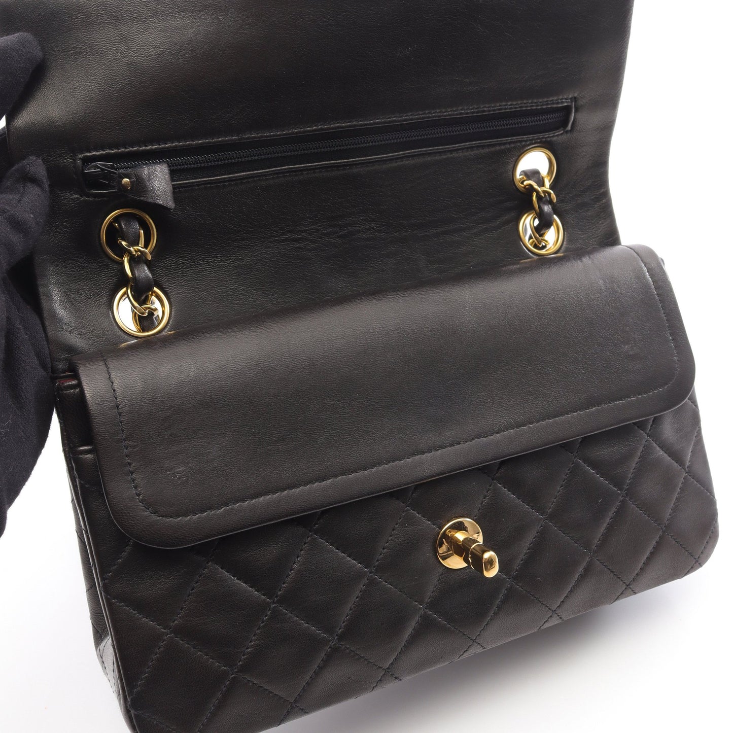 マトラッセ Wフラップ Wチェーンショルダーバッグ ラムスキン ブラック ゴールド金具 シャネル バッグ CHANEL