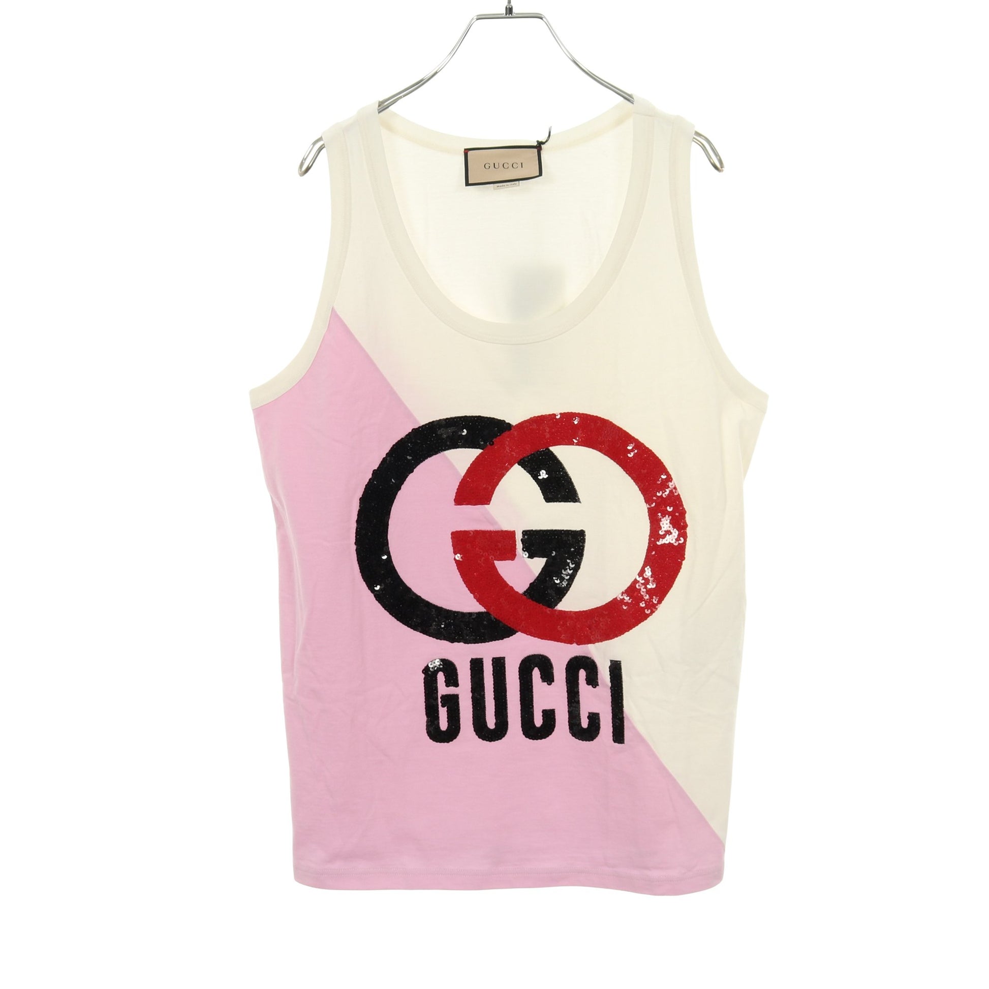 インターロッキング G タンクトップ スパンコール コットン ホワイト ピンク マルチカラー グッチ トップス GUCCI